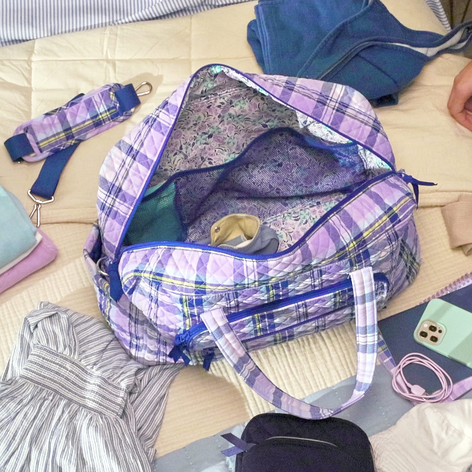 Vera Bradley Women's Recycled Cotton Weekender Travel Bag - Amethyst Plaid Pattern, Spacious Overnight Carryall for Weekend Getaways, Business Trips & Gym Essentials (One Size)