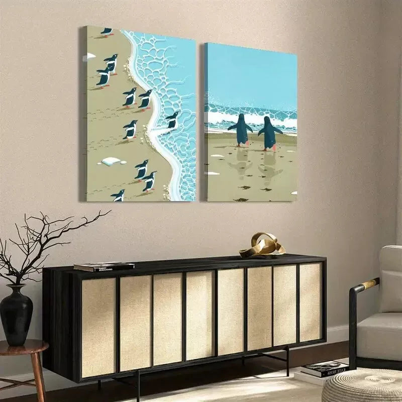2pcs Penguins on the Beach Minimalist Surreal Art Print - Framed Canvas Wall Decor 50x75cm | High Quality Australian Made | Perfect for Living Room, Bedroom & Office Decor