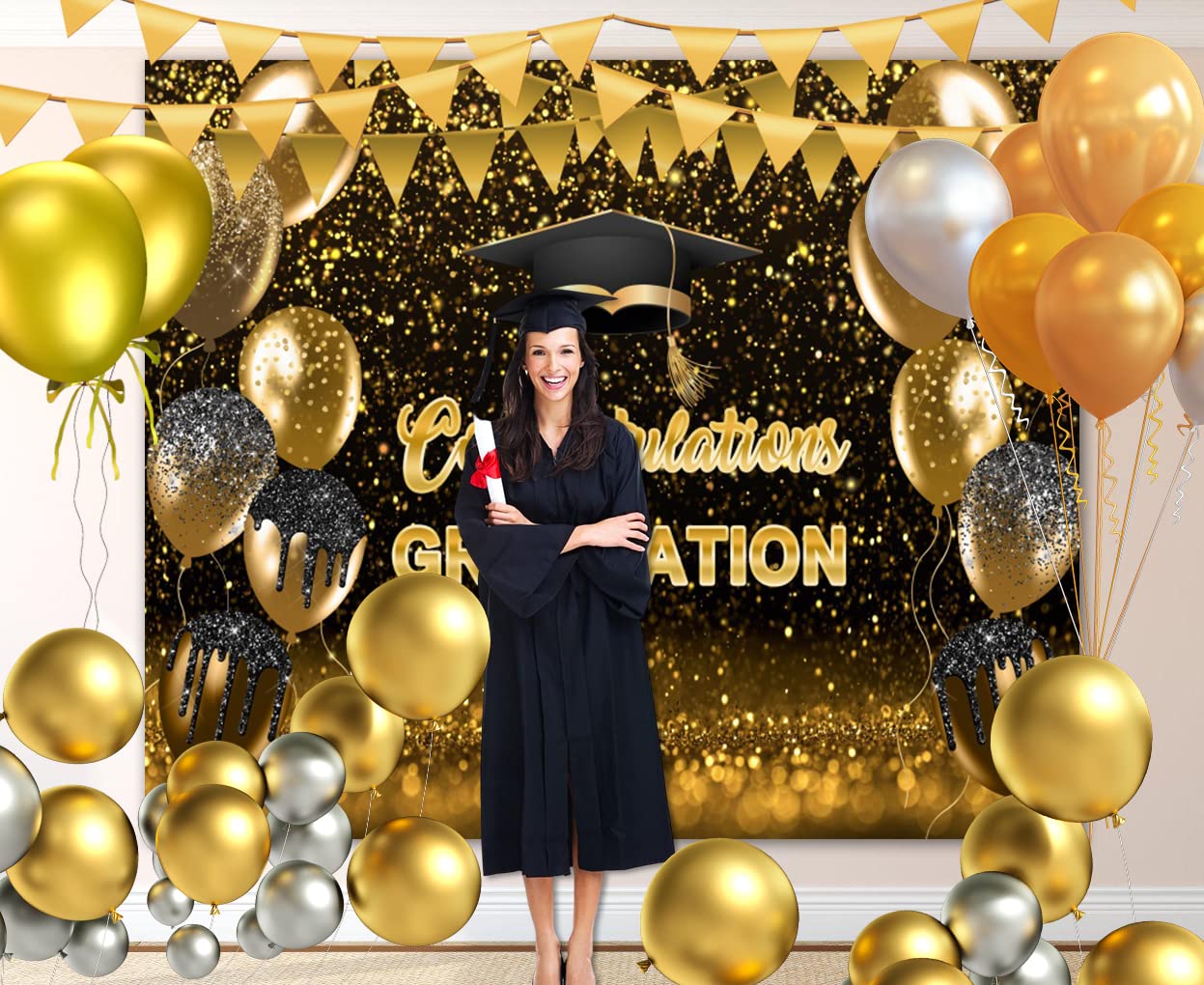 2024 Graduation Backdrop - Black Gold Glitter Balloon Background for Grad Party, Prom & Ceremony | Class of 2024 Congrats Grad Vinyl Photography Backdrop 10x8ft | Perfect for Graduation Photos, Portrait Sessions & Celebration Decor