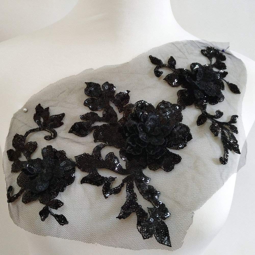 3D Embroidery Sequins Rose Patches - DIY Sewing Iron-On Appliques for Dress, Costume & Garment Decoration - Black Floral Embellishments for Performance Outfits, Dance Costumes & Fashion Design