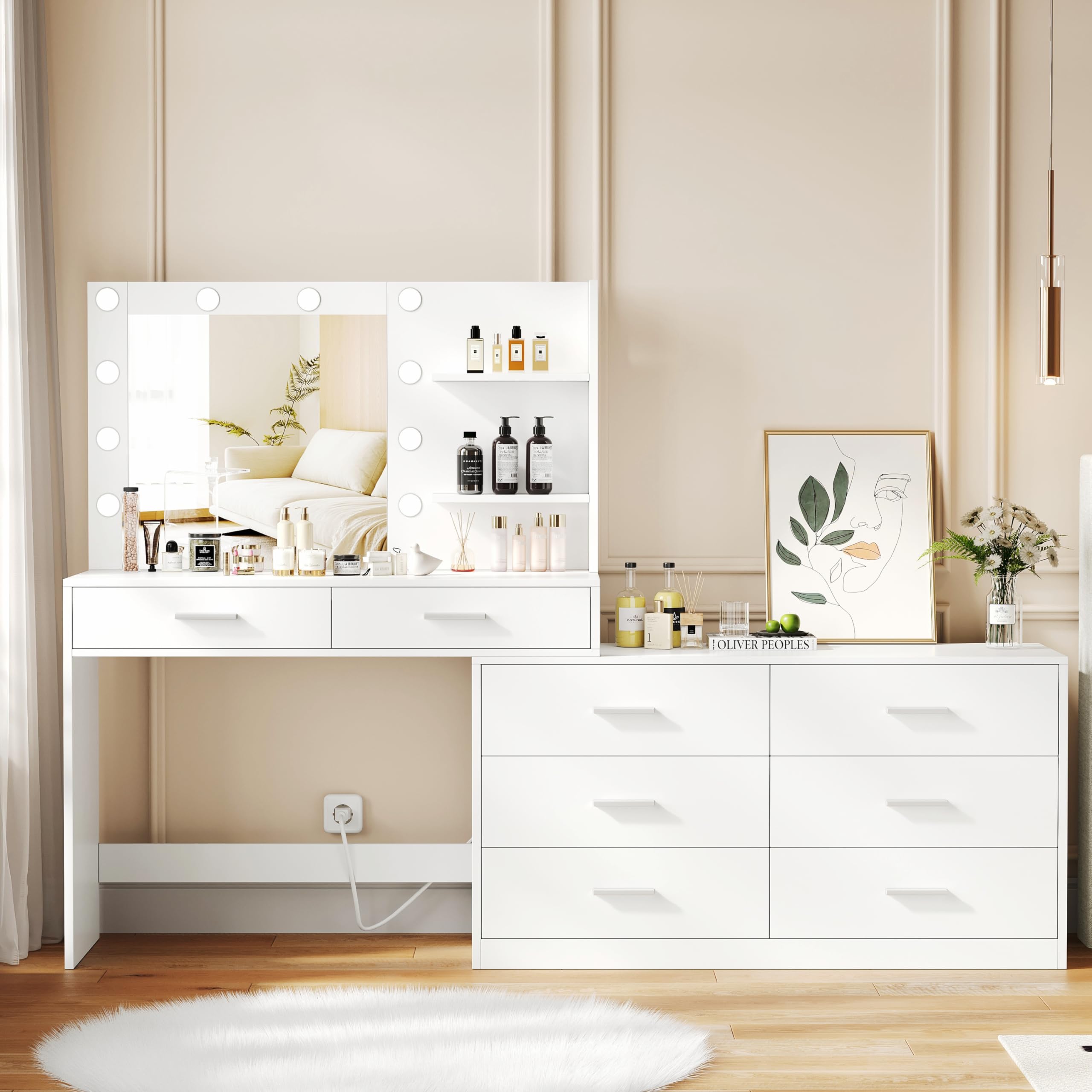 Rovaurx 65 Inch Modern White Vanity Desk with LED Mirror & 8 Drawers, Adjustable Width Makeup Dressing Table with Storage Shelf - Perfect for Bedroom Organization & Beauty Routine