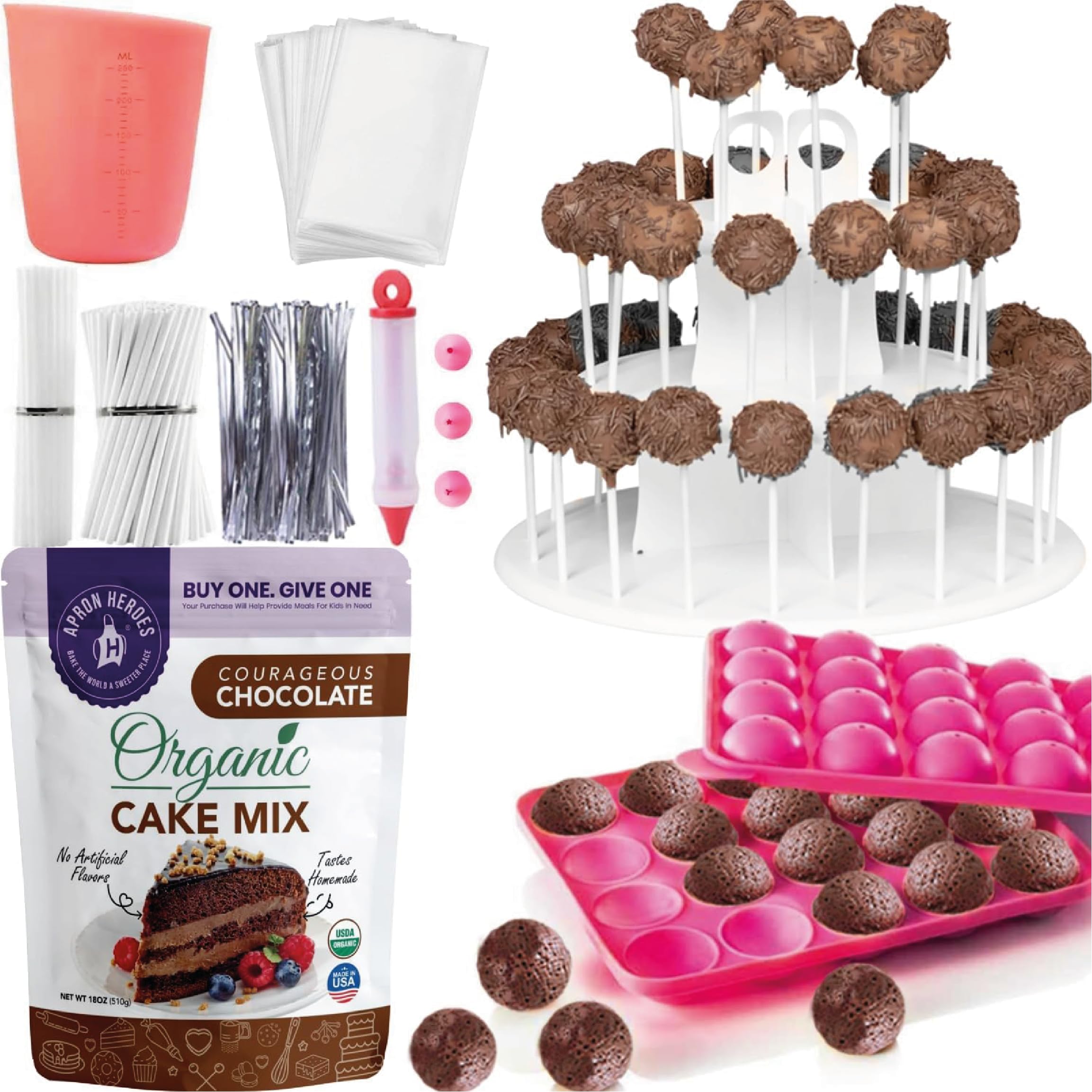 APRON HEROES Ultimate Cake Pop Kit - Organic Chocolate Cake Mix, 120 Lollipop Sticks, Melting Pot & Silicone Tools | Complete DIY Cake Pop Making Set for Birthday Parties, Baby Showers & Holiday Treats