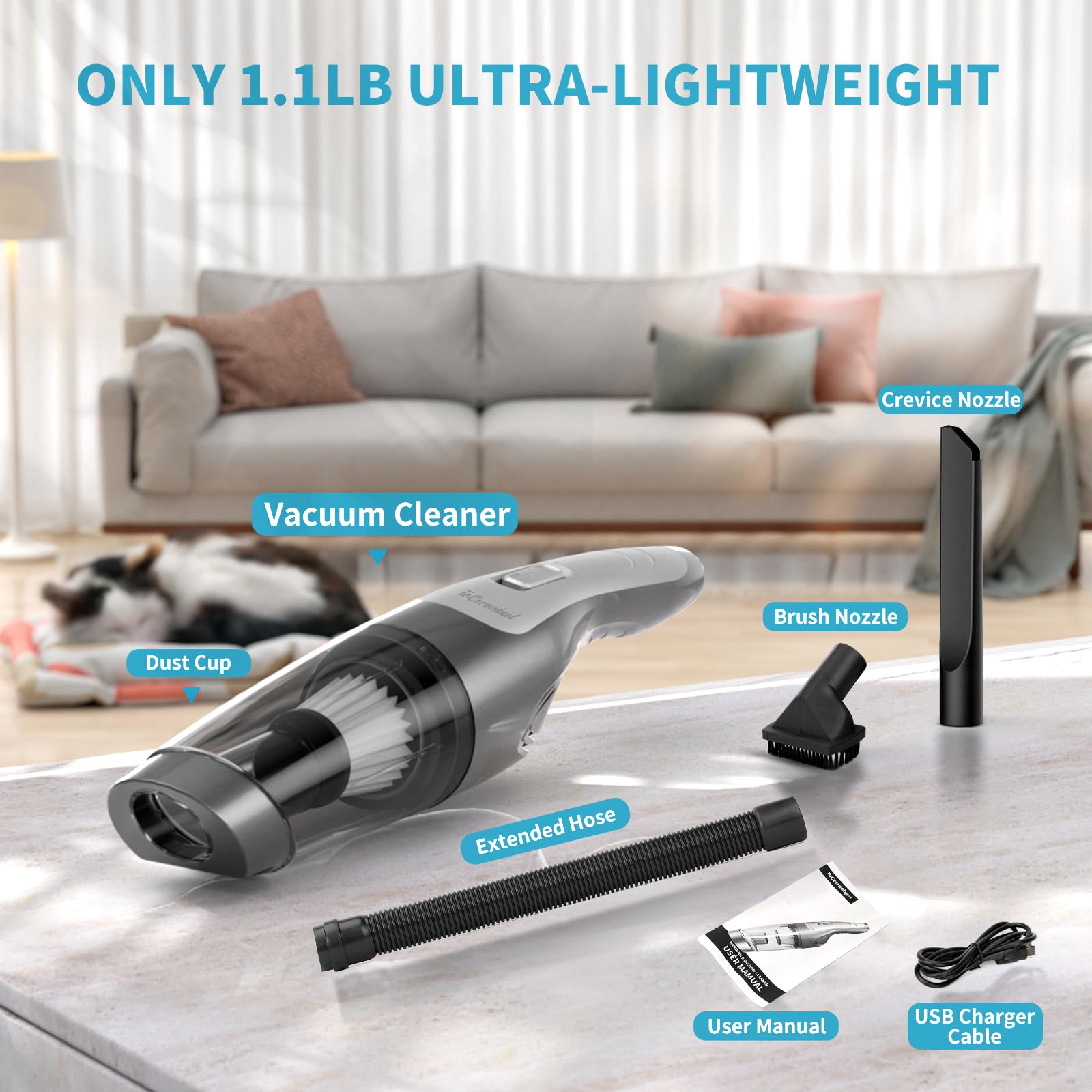 8000Pa Powerful Cordless Handheld Vacuum Cleaner - Portable Rechargeable Mini Vacuum for Car, Home, Office, Desk & Pet Hair with Multiple Accessories | Ideal for Quick Cleanups, Vehicle Detailing & Pet Hair Removal