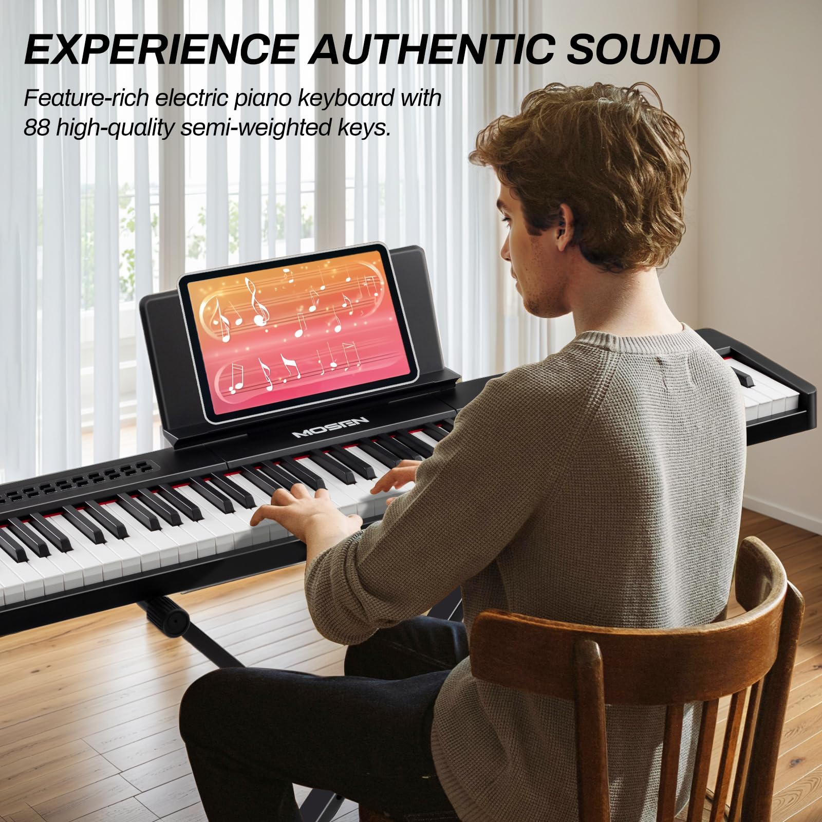 MOSEN 88-Key Digital Piano Keyboard with Semi-Weighted Keys - Professional Double Keyboard with LED Display, 380 Tones, 128 Rhythms & 88 Demo Songs - Includes Piano Lessons, Keyboard Stand & Sustain Pedal (MSP-45BK, Black) - Perfect for Home Practice, Music Education & Live Performances