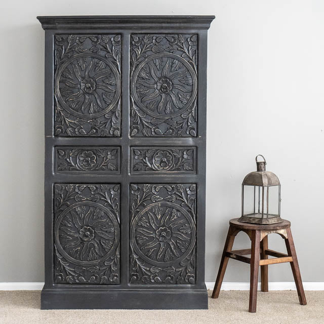 Hand Carved Tallboy Charcoal Wooden Indian Armoire Closet - Vintage Storage Cabinet for Bedroom, Living Room & Entryway Organization