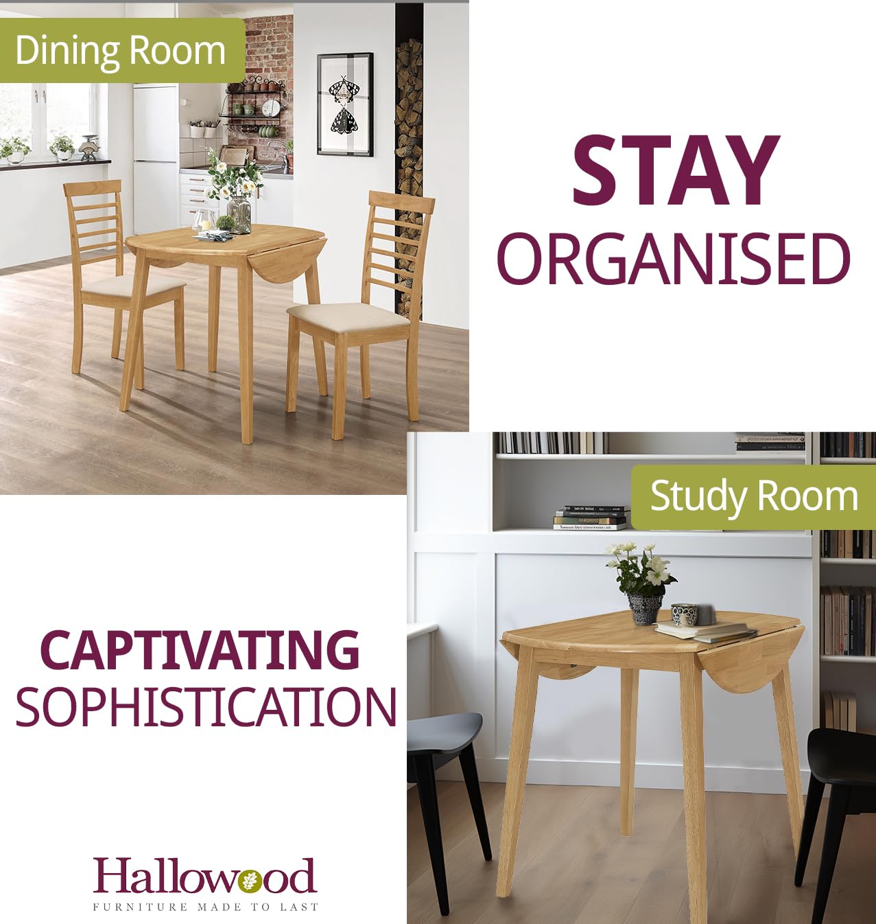 Hallowood Ledbury Small Drop Leaf Round Dining Table - Solid Wood Folding Kitchen Table in Oak Finish for Home, Café & Small Spaces | Perfect for Apartments, Breakfast Nooks & Cozy Dining Areas