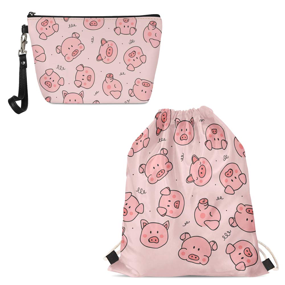 2pcs Cute Pink Pig Leather Cosmetic Bag & Drawstring Backpack Set - Perfect Birthday Gifts for Women & Girls | Travel Makeup Organizer & Gym Essentials Accessories