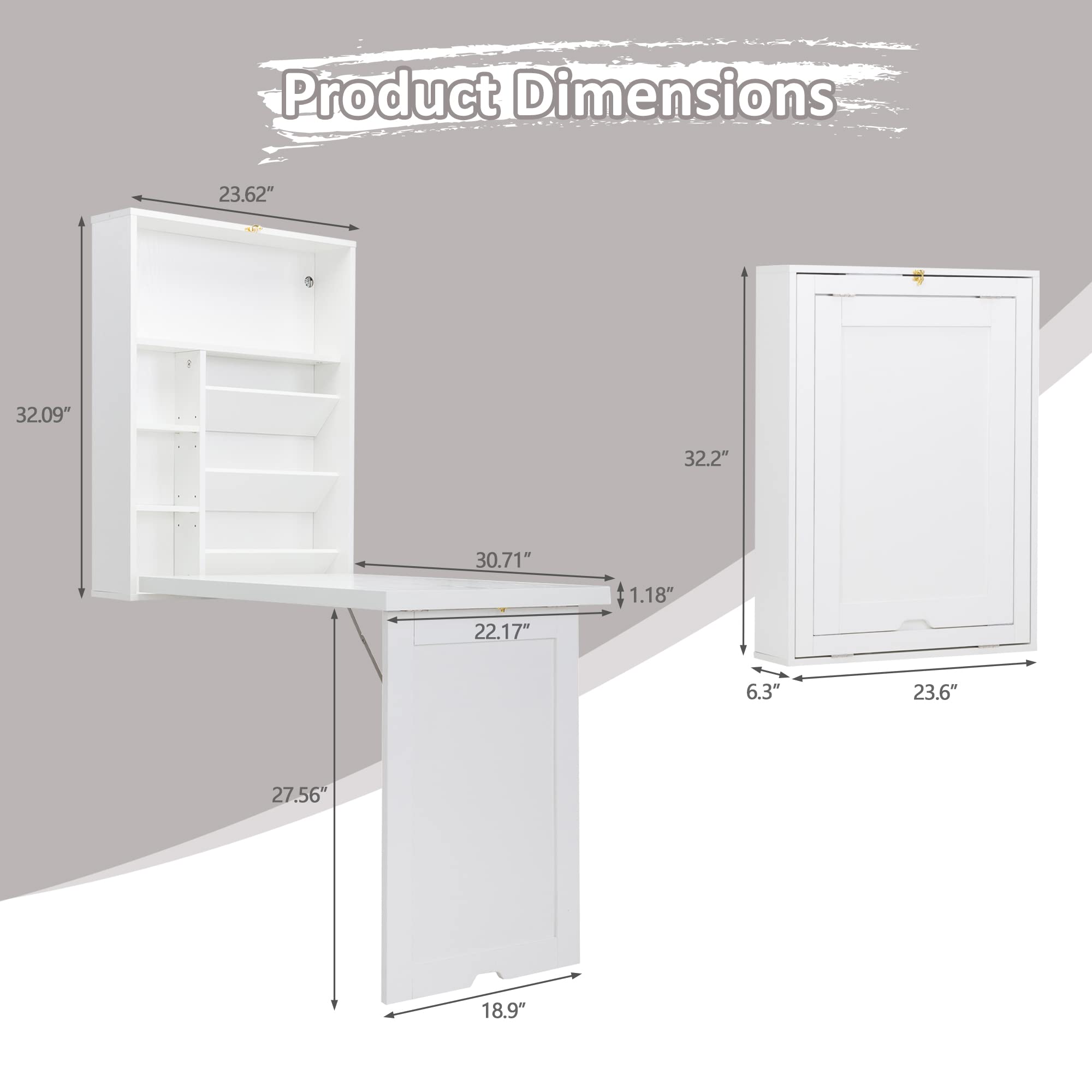 Space Saving Wall Mounted Fold Out Convertible Desk - White Floating Writing Desk with Storage Shelves | Home Office Laptop Workstation | Perfect for Small Spaces & Modern Workspaces