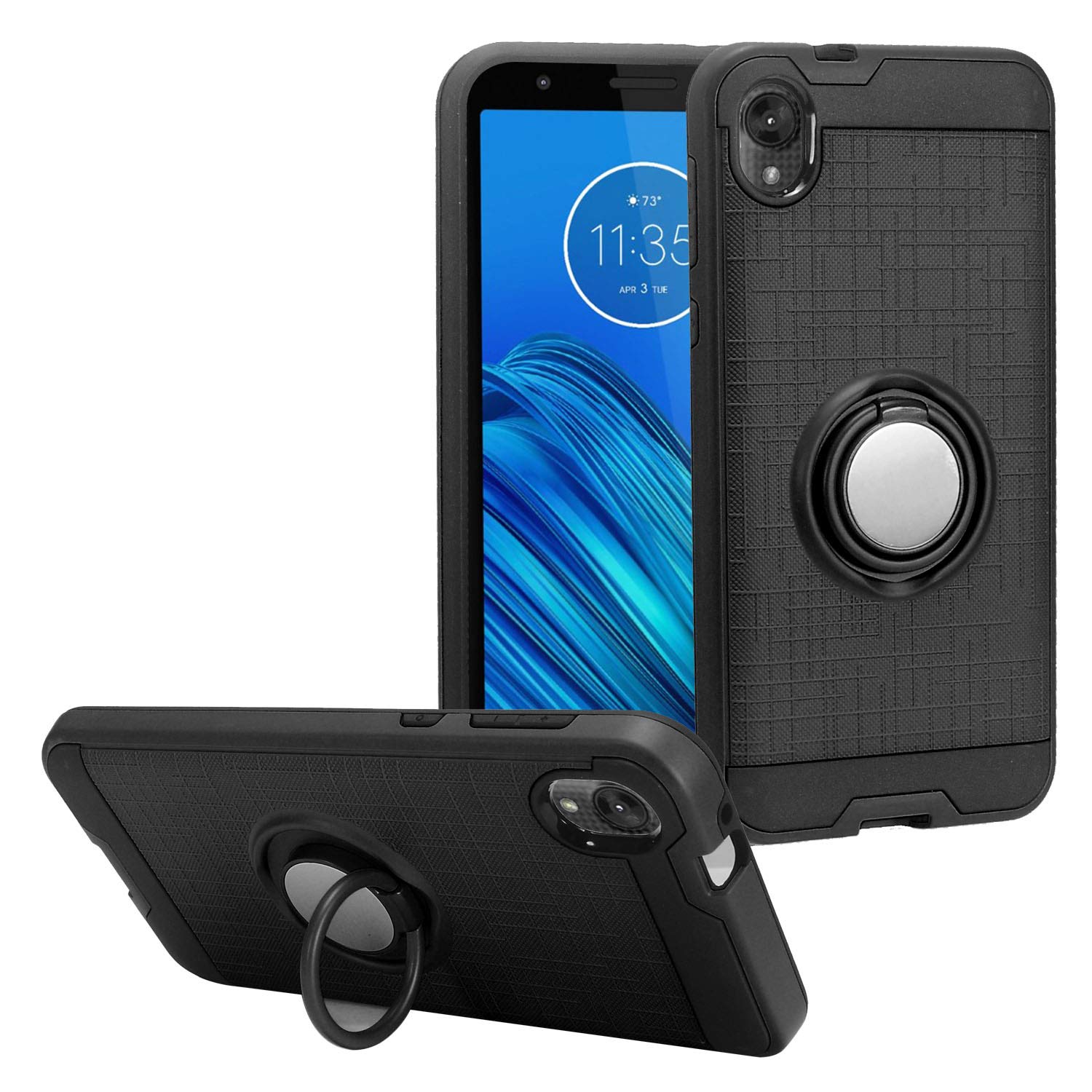 Durable Hybrid Phone Case with Ring Stand for Motorola Moto E6 XT2005 (2019) & 6th Gen - Shockproof Protective Cover - Perfect for Work, Travel & Daily Use (RS2 Black)