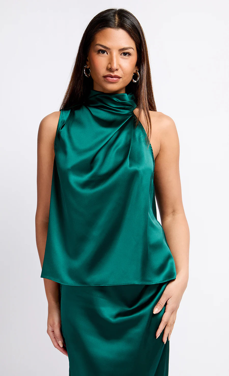 Aubrey Satin Drape Top for Women - Elegant Green Blouse for Party & Evening Wear - Soft Flowy Shirt for Date Night & Special Occasions