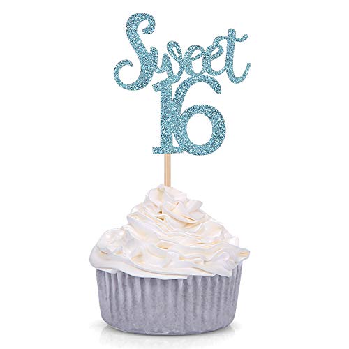 24-Pack Blue Glitter Sweet 16 Cupcake Toppers - 16th Birthday Party Decorations for Teens, Girls, Sweet 16 Celebrations & Cupcake Decorating (Perfect for Birthday Cakes, Desserts & Party Favors)