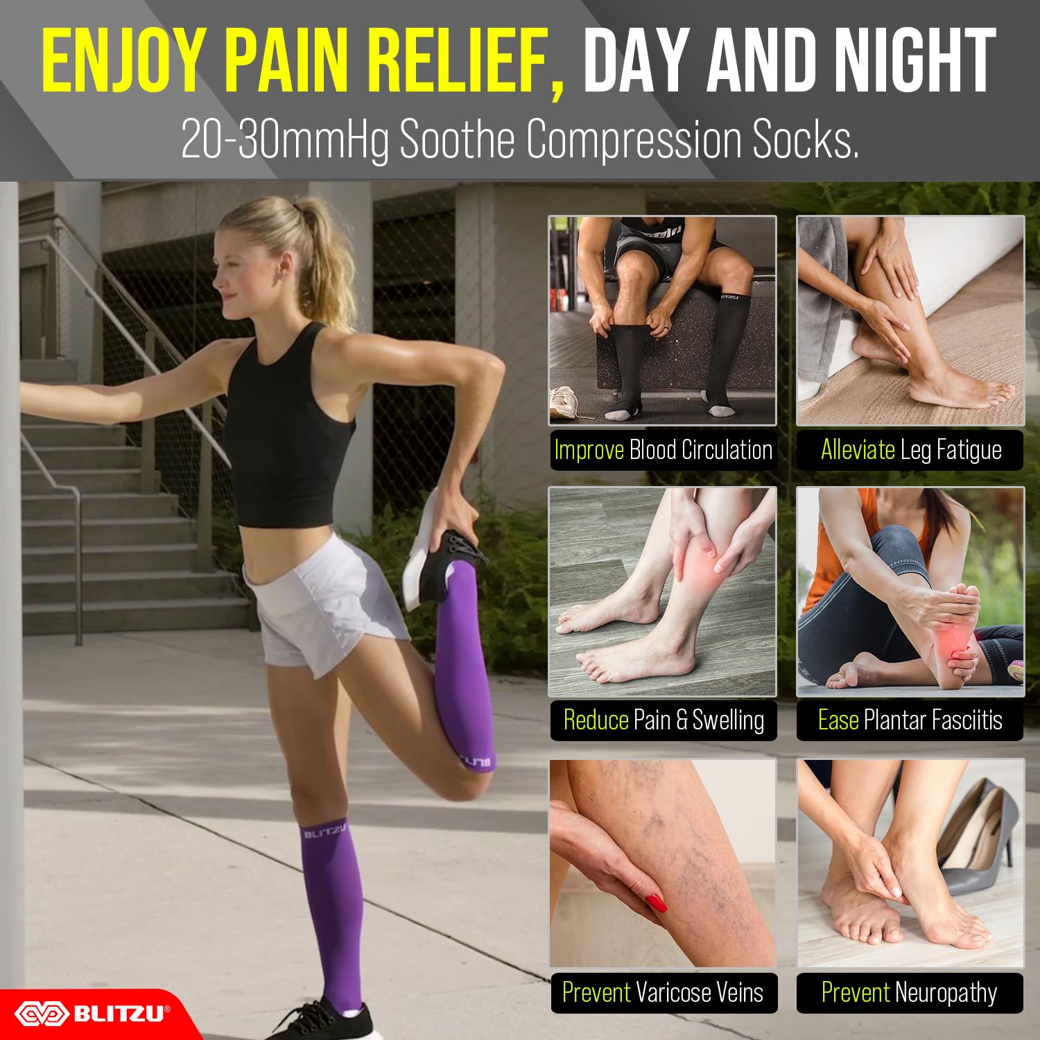 BLITZU Compression Socks for Women & Men - 20-30 mmHg Graduated Support Socks for Improved Circulation, Swelling Relief & Recovery - Best for Running, Travel, Nursing & Pregnancy (Black, Medium)