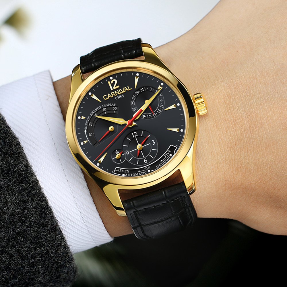 Men's Automatic Kinetic Watch with Sapphire Glass - Stainless Steel Case, Waterproof Leather Strap, Black Dial - Perfect for Business, Casual & Outdoor Activities