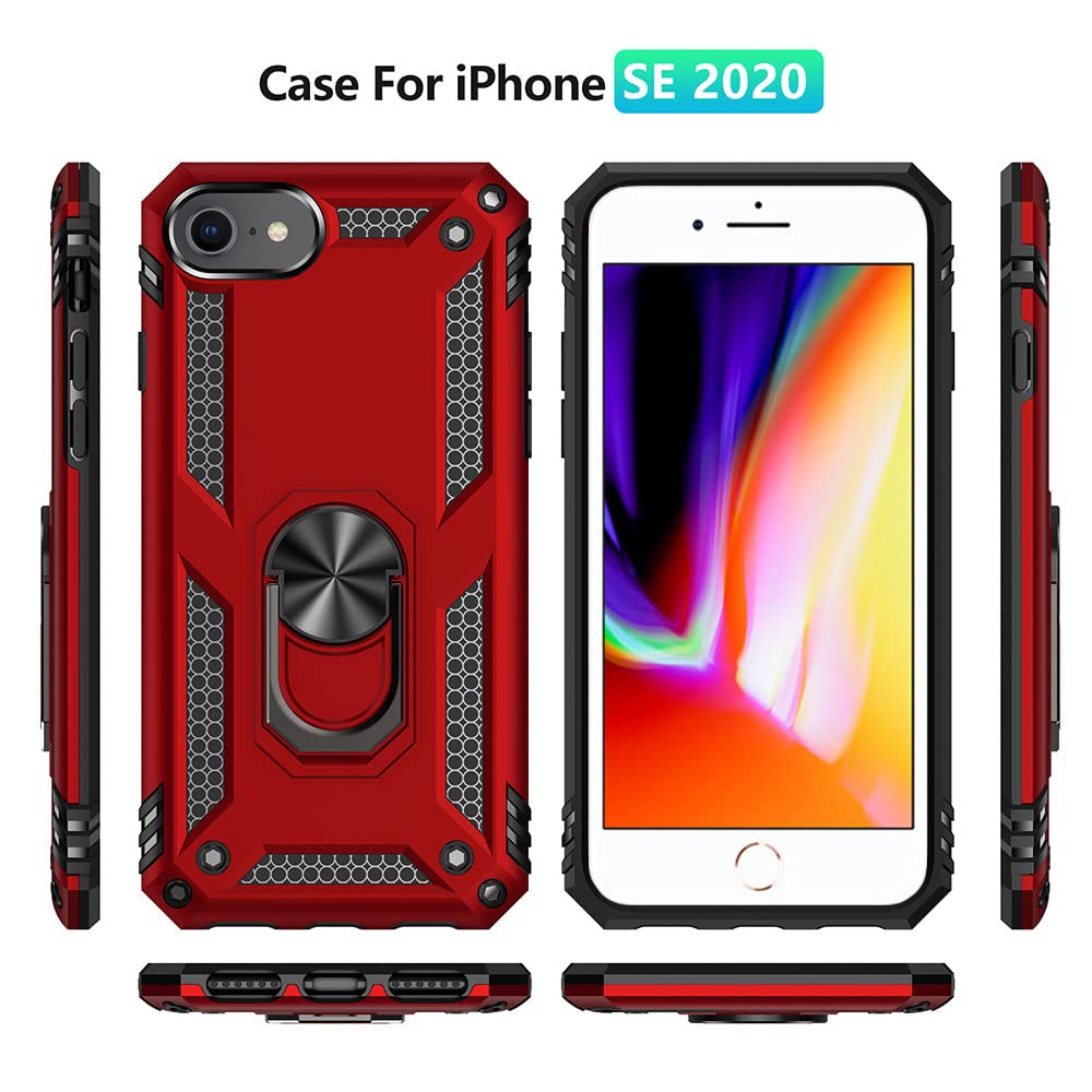Aozuoton iPhone SE 2022/2020 & iPhone 8/7 Case with HD Screen Protector - Military Grade 16ft Drop Tested, Shockproof Protective Phone Cover with Ring Holder (Red) - Perfect for Outdoor Activities, Work & Daily Use