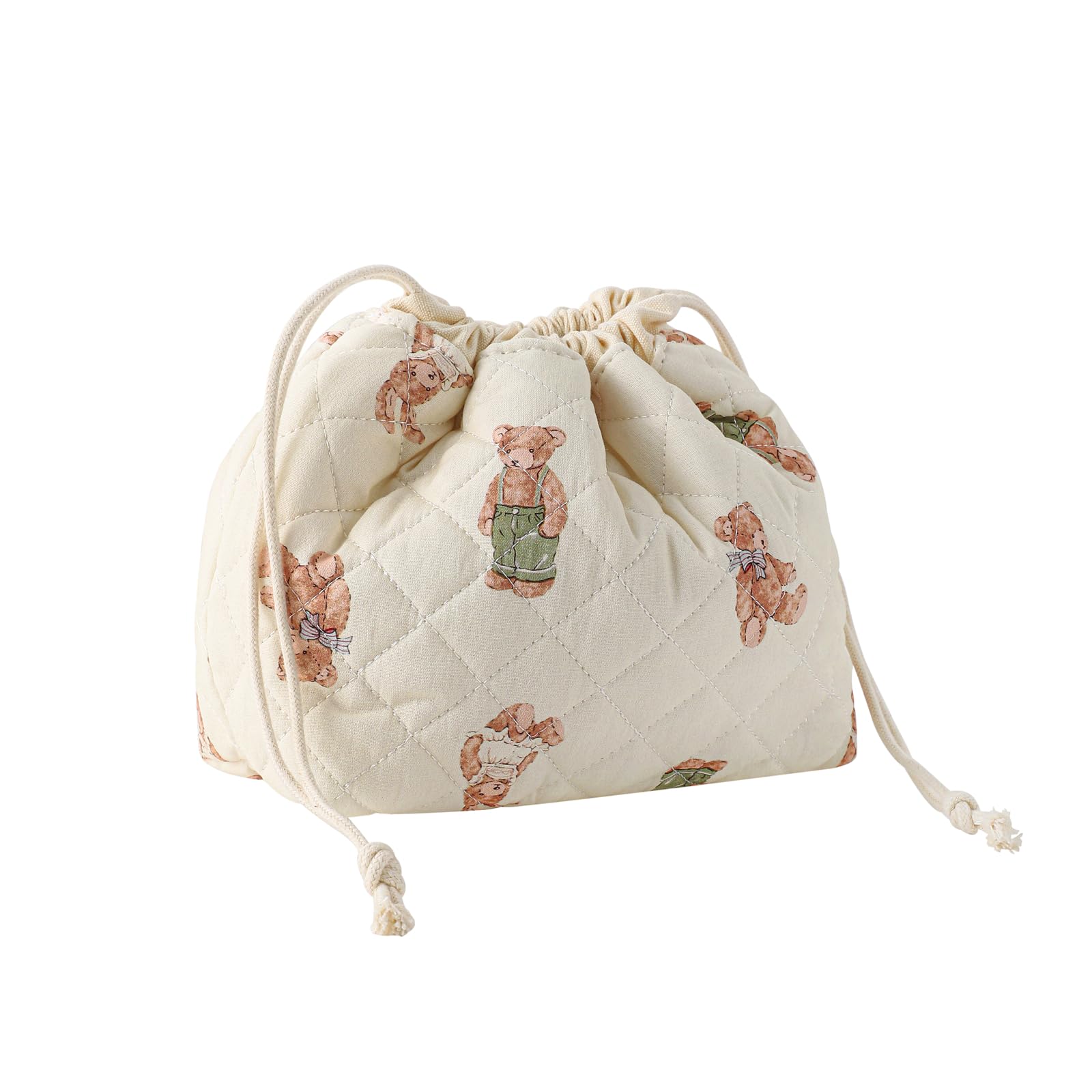 Small Cotton Quilted Drawstring Makeup Bag - Cute Coquette Cosmetic Pouch with Canvas Lining | Aesthetic Travel Toiletry Organizer for Purse (Bear Design) - Perfect for Travel, Gym & Daily Essentials Storage
