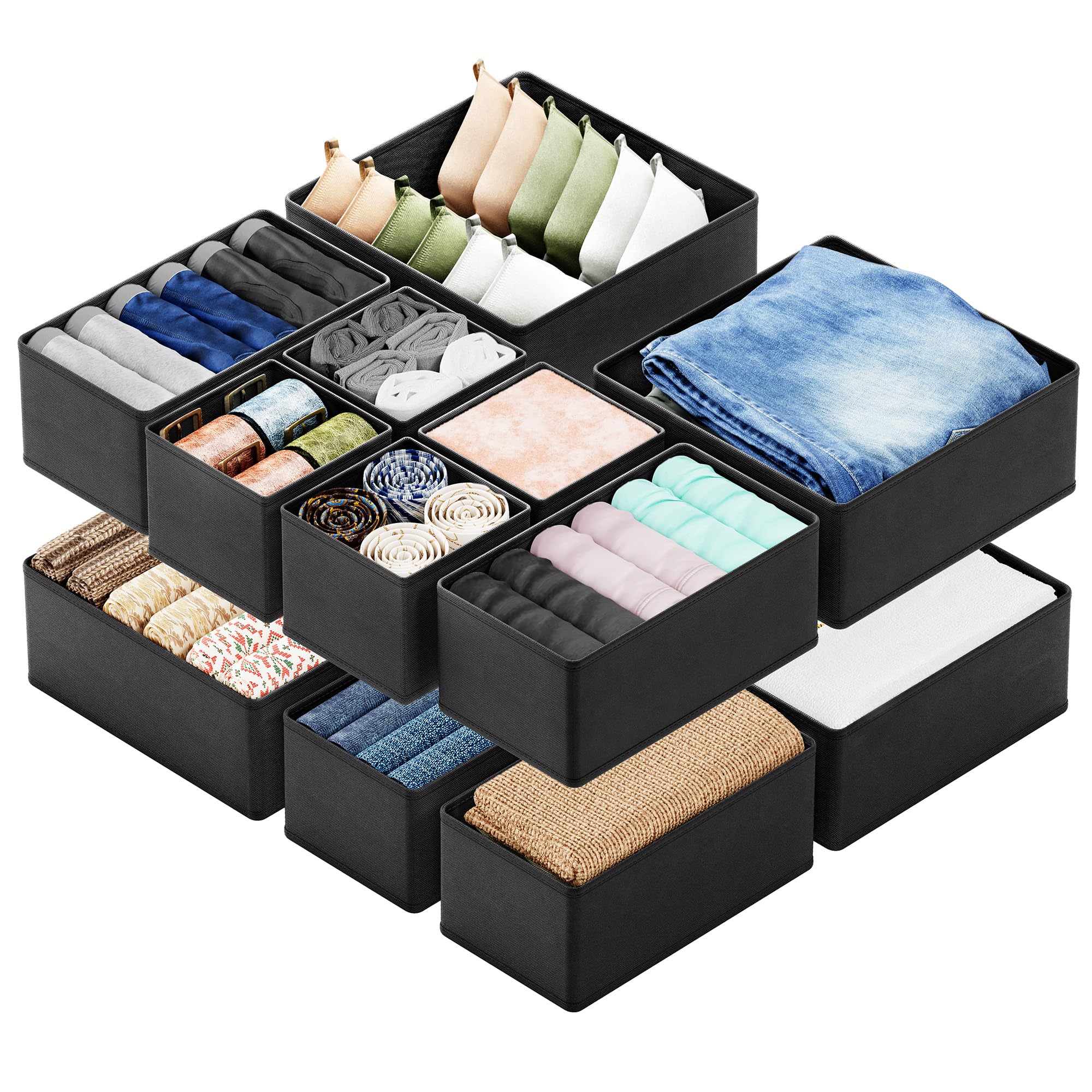 SpaceAid 12-Pack Black Drawer Organizer Bins for Clothes, Baby Clothes, Underwear & Socks - Perfect for Nursery Dresser, Closet Organization & Storage Dividers | Ideal for Home, Office & Travel Use