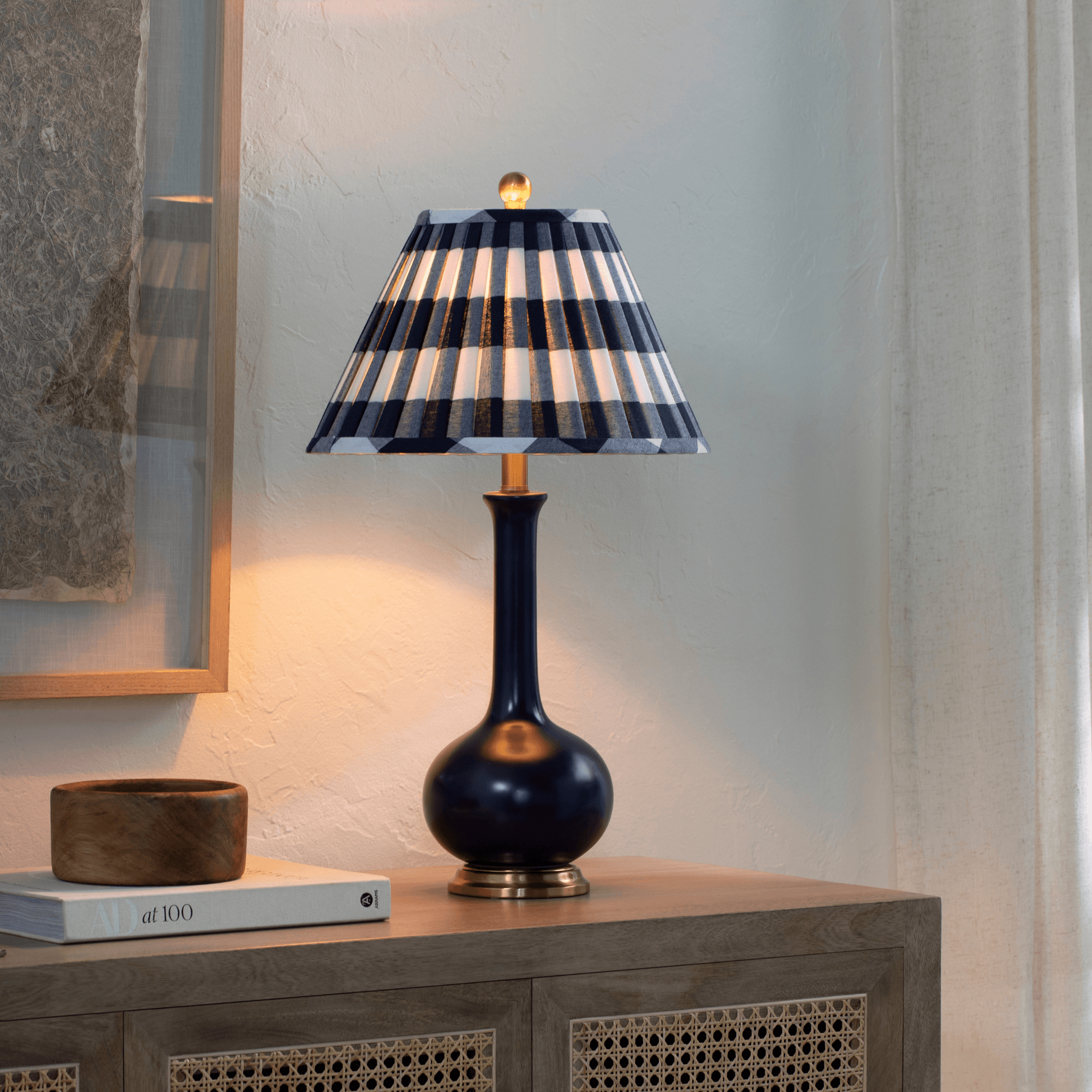 Blue Glazed Ceramic Table Lamp with Buffalo Plaid Shade - Modern Farmhouse Bedside Lighting for Living Room, Bedroom & Office Decor