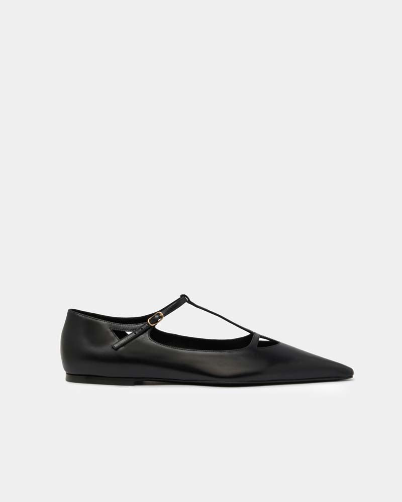 Black Leather T-Strap Pointed Toe Flats for Women - Comfortable Dress Shoes for Work, Office & Evening Out