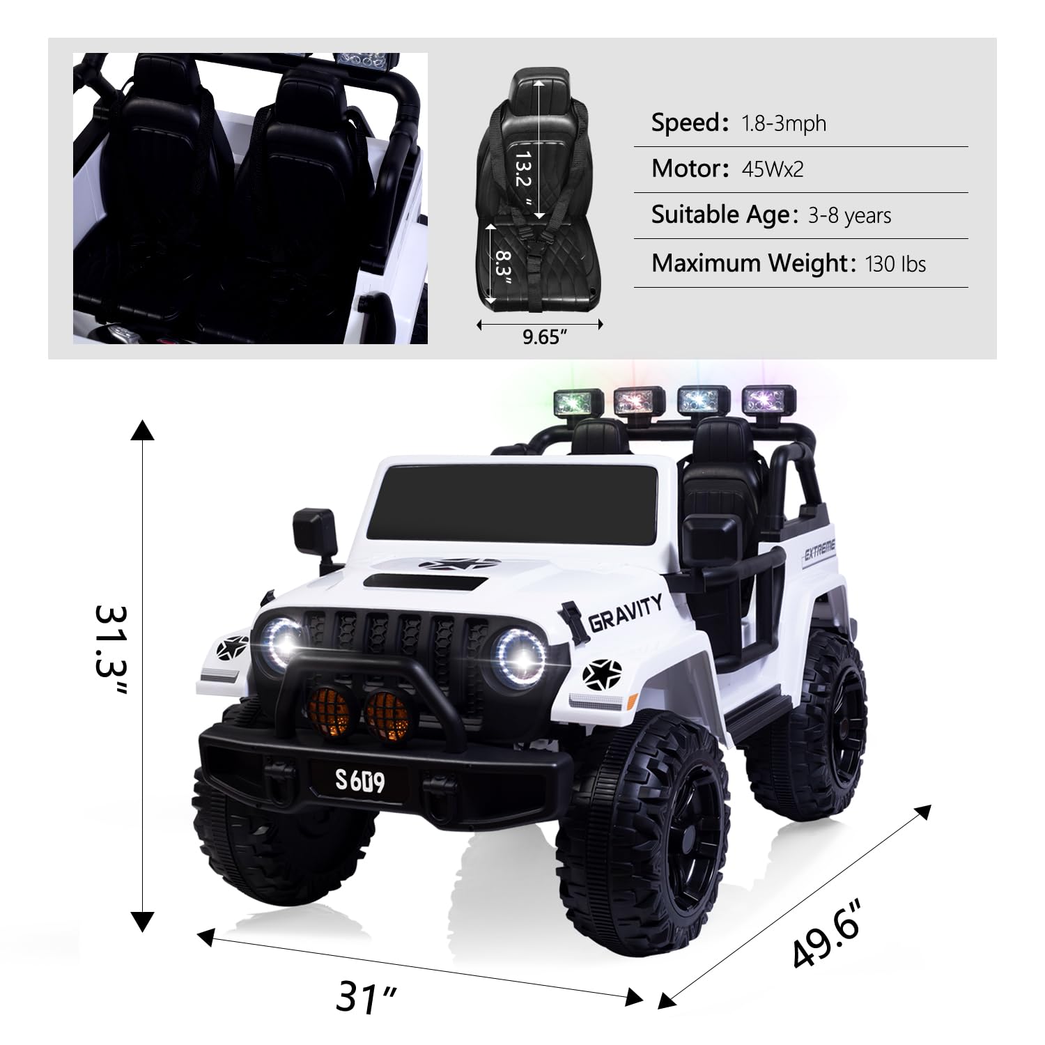 MOLACHI 12V Battery Powered 2 Seater Ride On Truck Toy Car for Kids - Electric Vehicle with Music, MP3, LED Lights, Safety Belt & 3 Speed Settings - Perfect for Boys & Girls Outdoor Play (White)