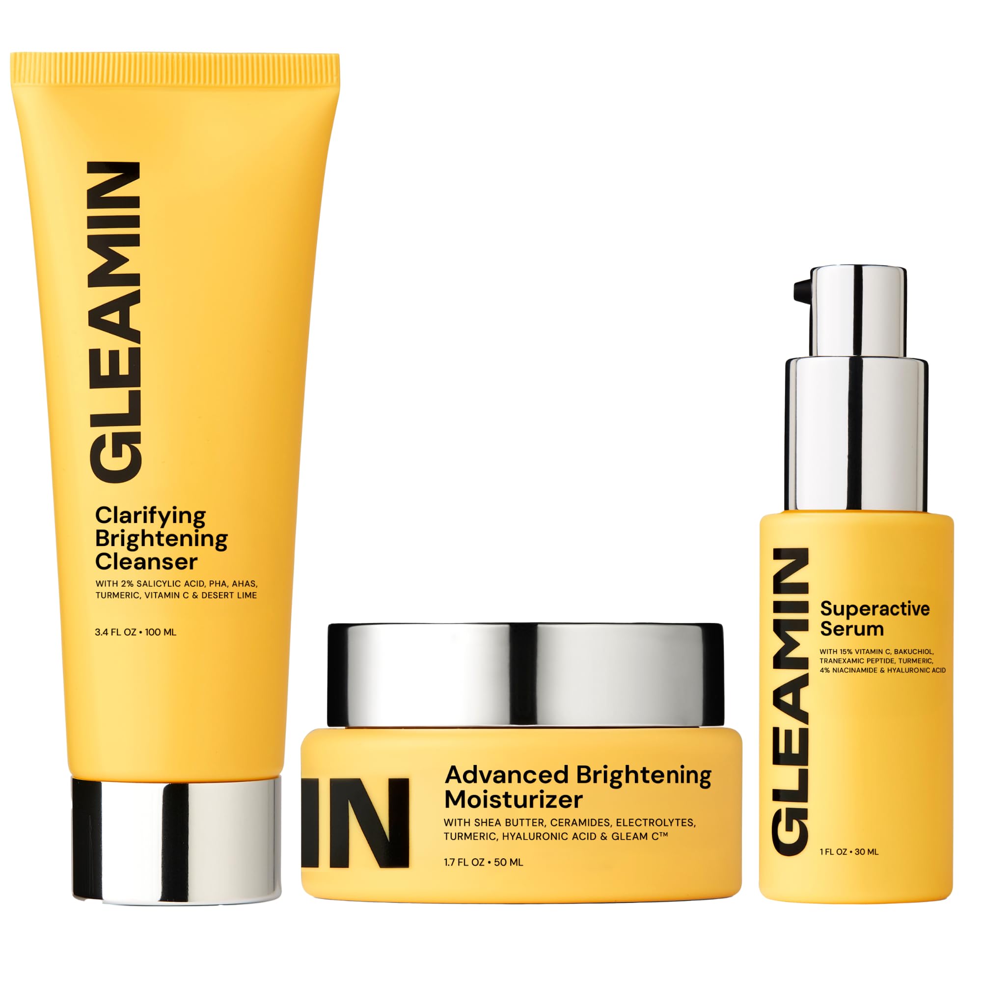 Gleamin Daily Brightening Vitamin C Skincare Set - Dark Spot Corrector, Brightening Cleanser & Hydrating Moisturizer for Uneven Skin Tone & Glowing Complexion - Complete 3-Step Routine for Morning & Night Skincare Care