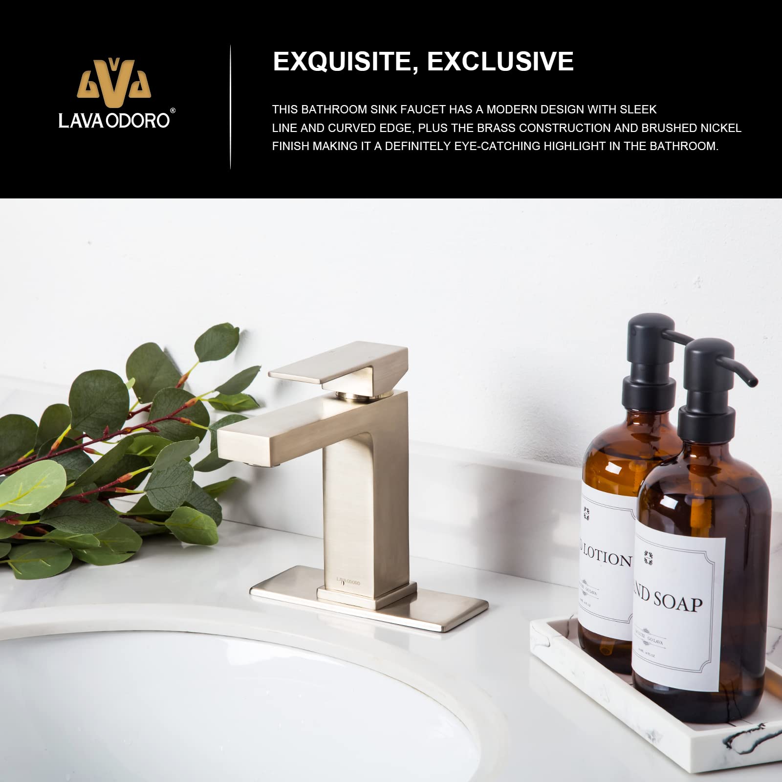 Lava Odoro Brushed Nickel Single Hole Bathroom Faucet - Brass Vanity Sink Faucet with Single Handle & Pop-Up Drain Assembly (Includes Deck Plate) - Perfect for Modern Bathrooms & Powder Rooms - BF307-BN