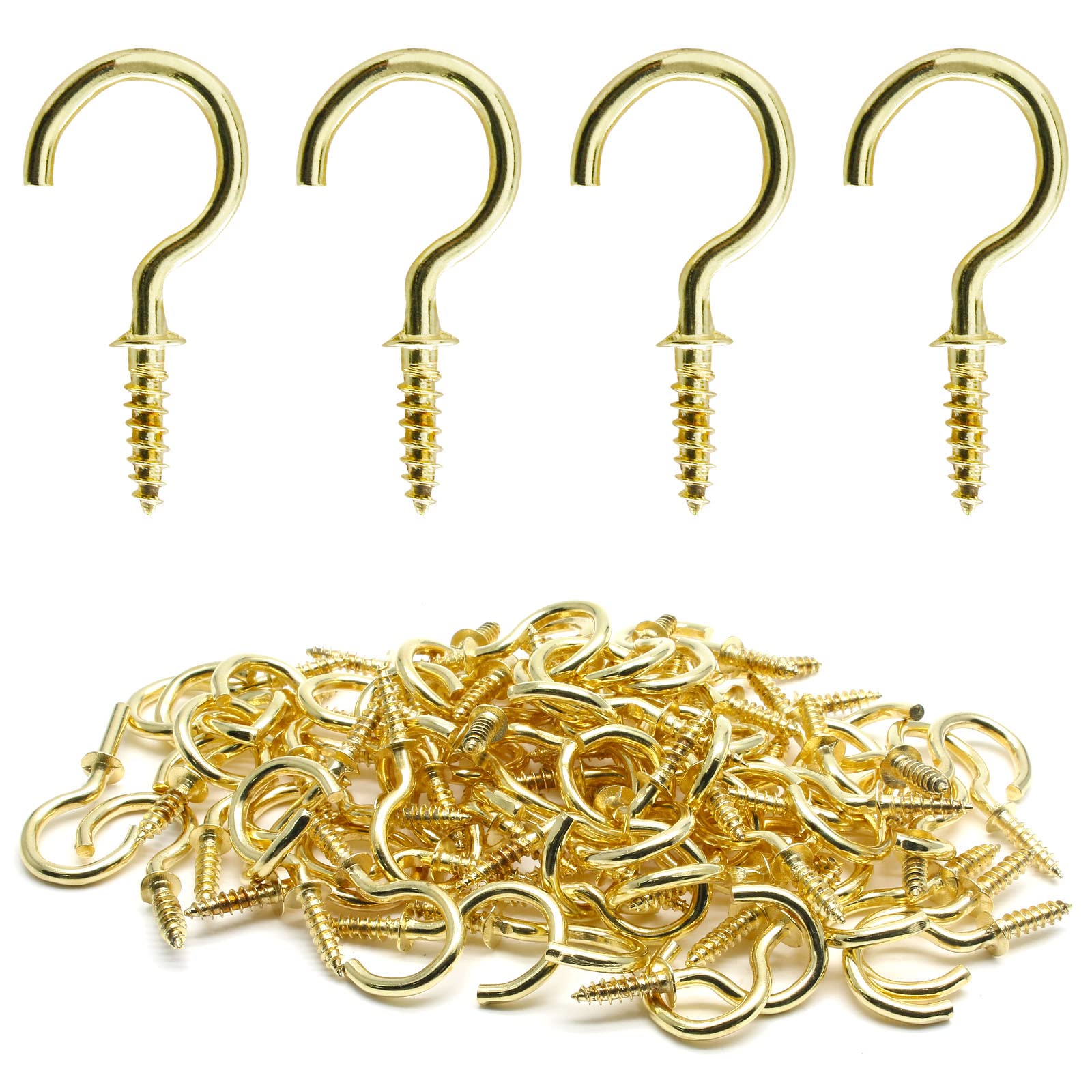 Biaungdo 100 Pack 3/4 Inch Gold Ceiling Hooks with Self-Tapping Screws - Heavy Duty Cup Hooks for Hanging Plants, Lights, Decorations in Home, Kitchen, Bathroom, Garage