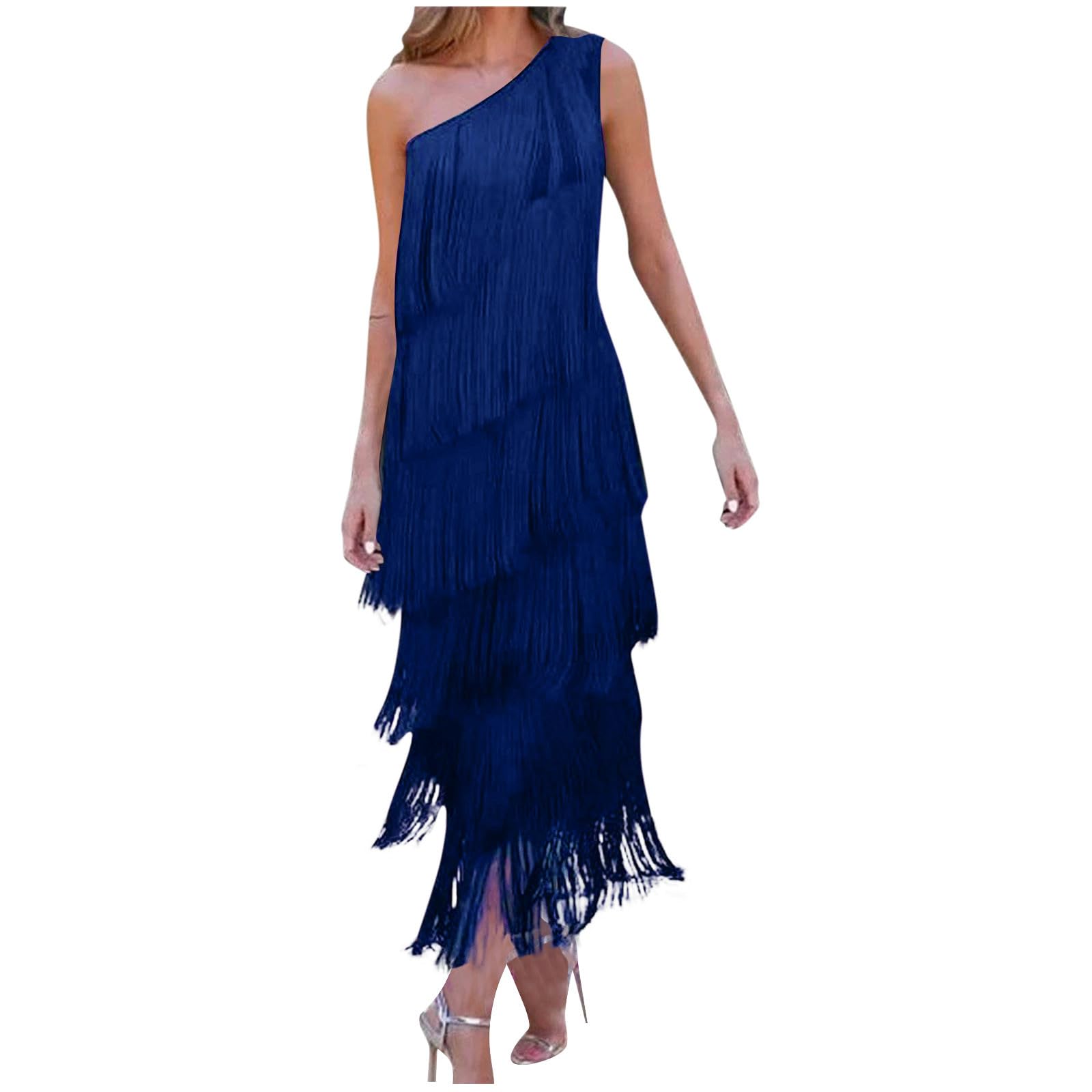 Sexy One Shoulder Tassel Maxi Dress for Women - Sleeveless Asymmetrical Evening Gown for Dance Performance & Fashion Night Out | Perfect for Parties, Prom, Date Night & Special Occasions