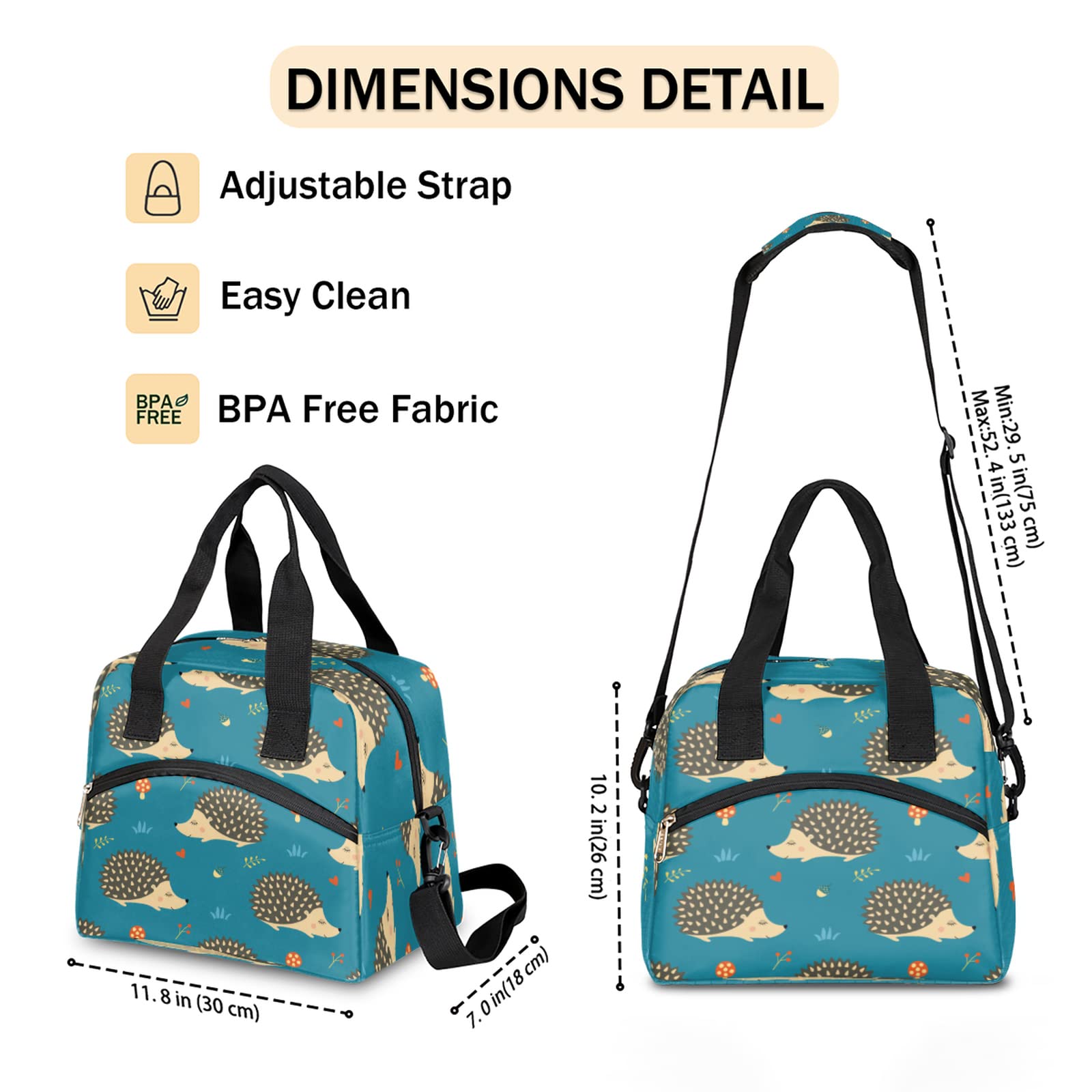 Leakproof Hedgehog Insulated Lunch Bag with Front Pocket & Shoulder Strap - Water-resistant Thermal Cooler Tote for Picnic, Hiking, Beach, Work - Cute Animal Lunch Box for Adults & Kids