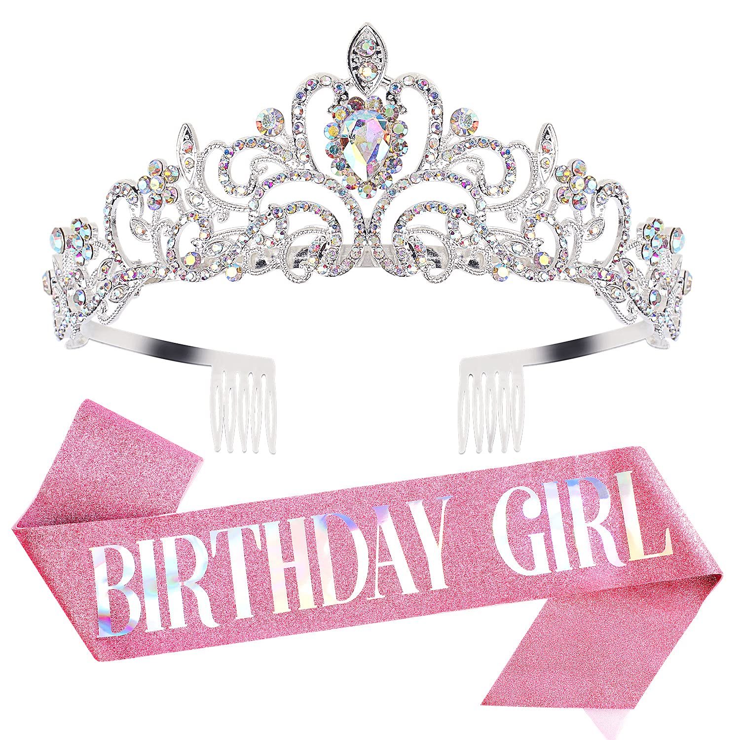 VELSCRUN Girls Birthday Tiara & Sash Set - Sparkling Princess Crown for Birthday Party Decorations - Perfect Birthday Gift for Girls (Pink, Gold) - Ideal for Princess Themed Parties, Birthday Photos & Special Celebrations