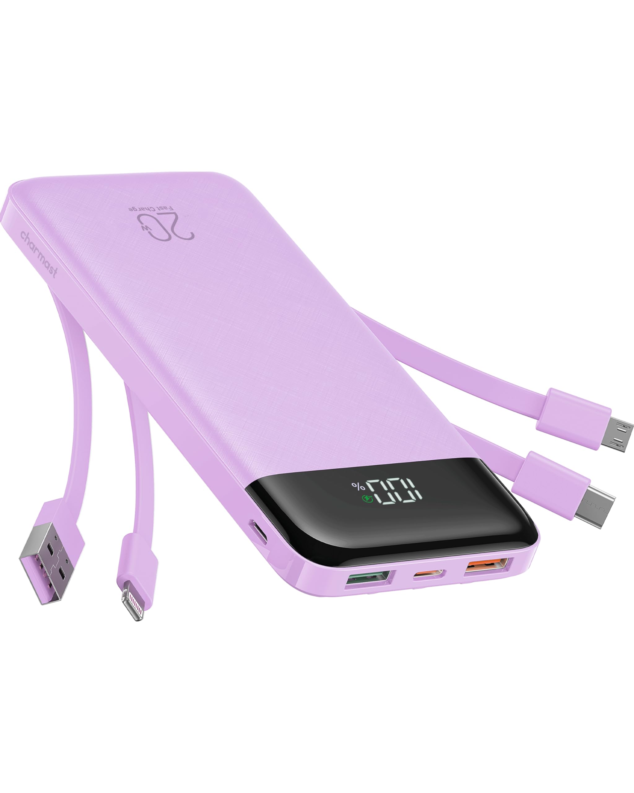 Charmast 20000mAh Power Bank with Built-in Cables - 20W PD/QC Fast Charging Portable Charger for iPhone, iPad, Samsung Galaxy | Perfect for Travel, Camping & Emergency Power Backup