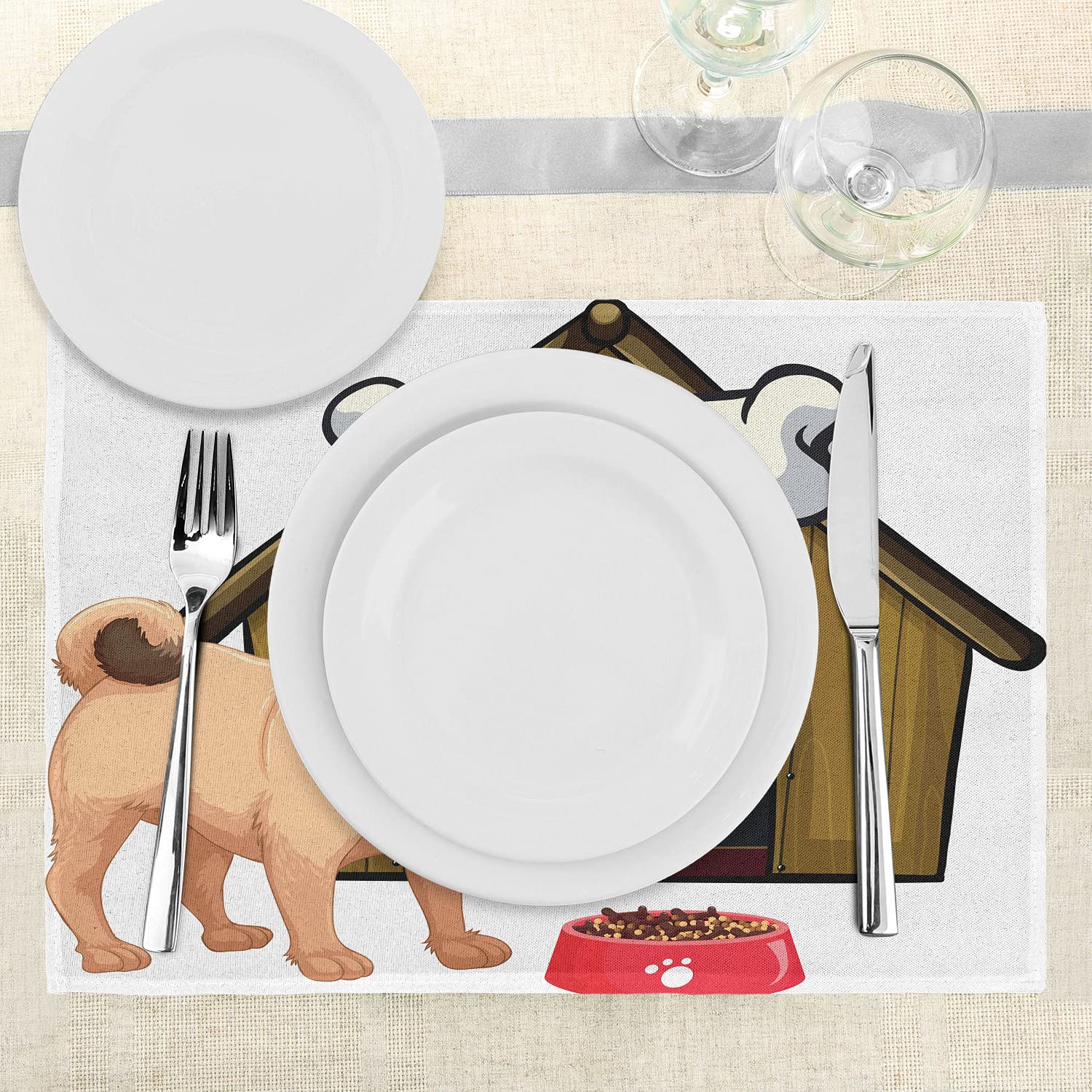 Ambesonne Pug Place Mats Set of 4 - Washable Dog-Themed Dining Table Mats with Cartoon Pug Design for Kitchen & Dining Room Decor - Perfect for Pet Lovers & Fun Home Decor (Pale Coffee Red Sand Brown) - Great for Everyday Meals, Dinner Parties, and Pet-Friendly Gatherings