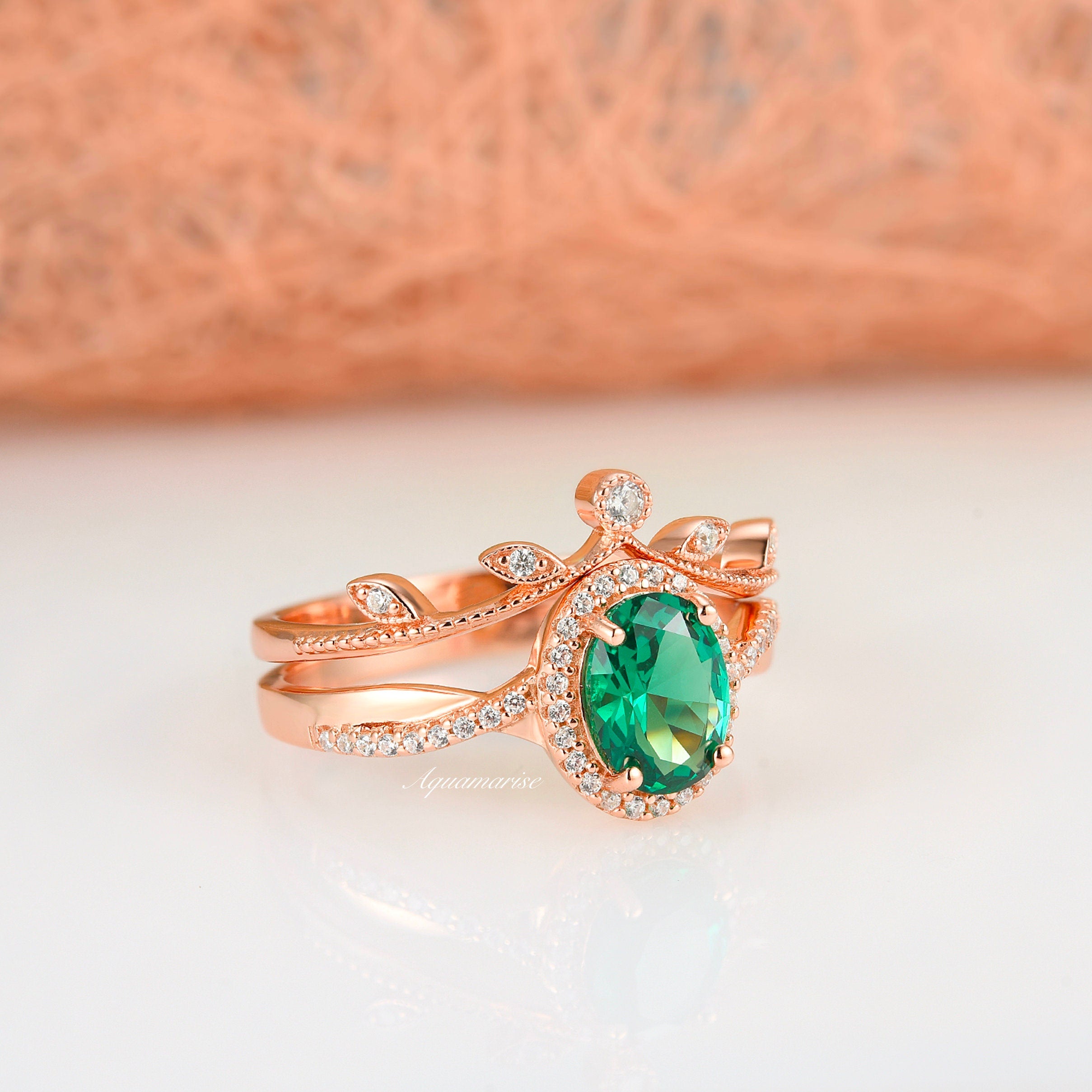 14K Rose Gold Vermeil Gemma Emerald Ring Set - Elegant Jewelry for Women, Perfect for Weddings, Anniversaries & Special Occasions