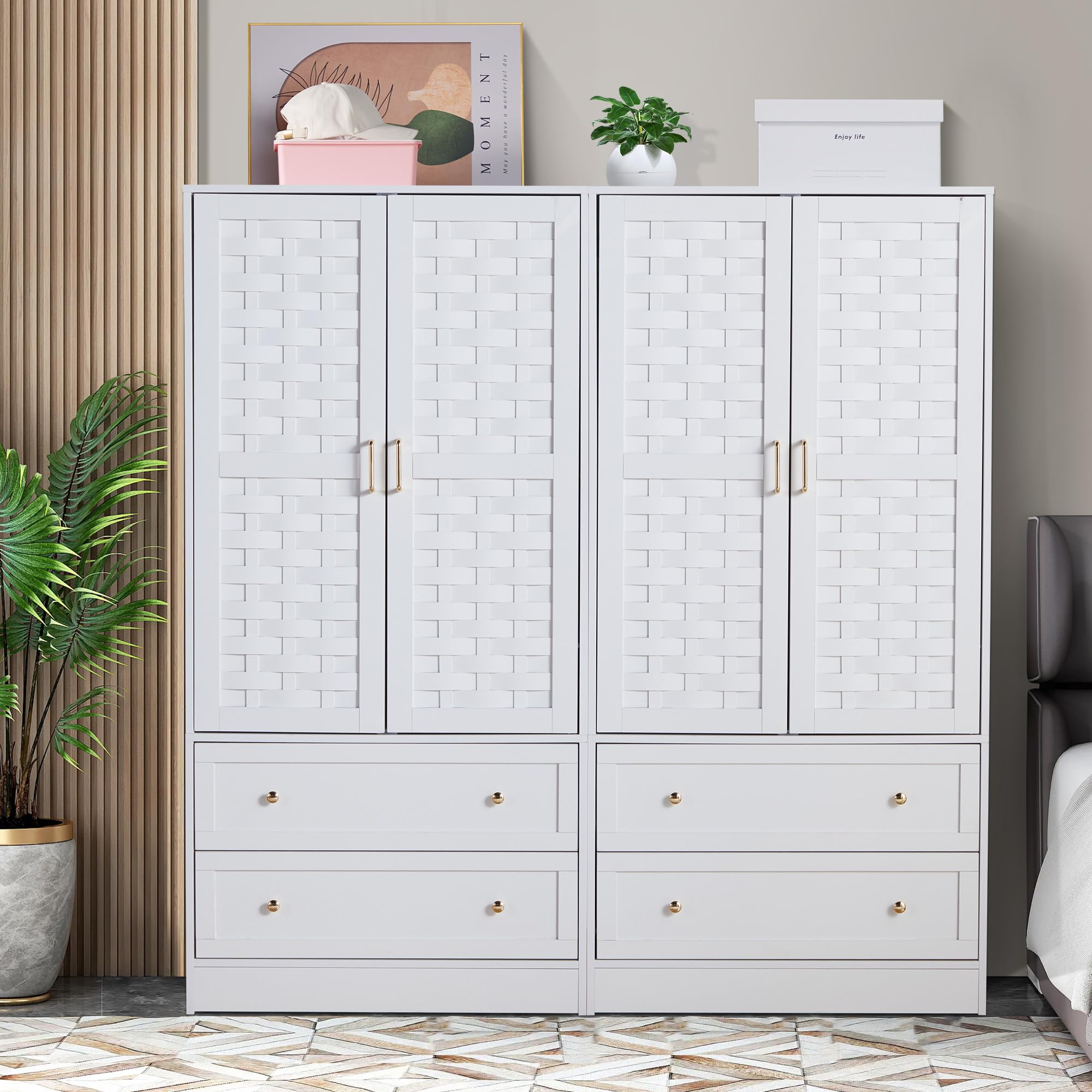 LEVNARY White Armoire Wardrobe Closet - Freestanding Storage Cabinet with 2 Woven Doors & 2 Drawers, Hanging Rail for Bedroom Organization (Perfect for Small Spaces, Apartments & Dorm Rooms)