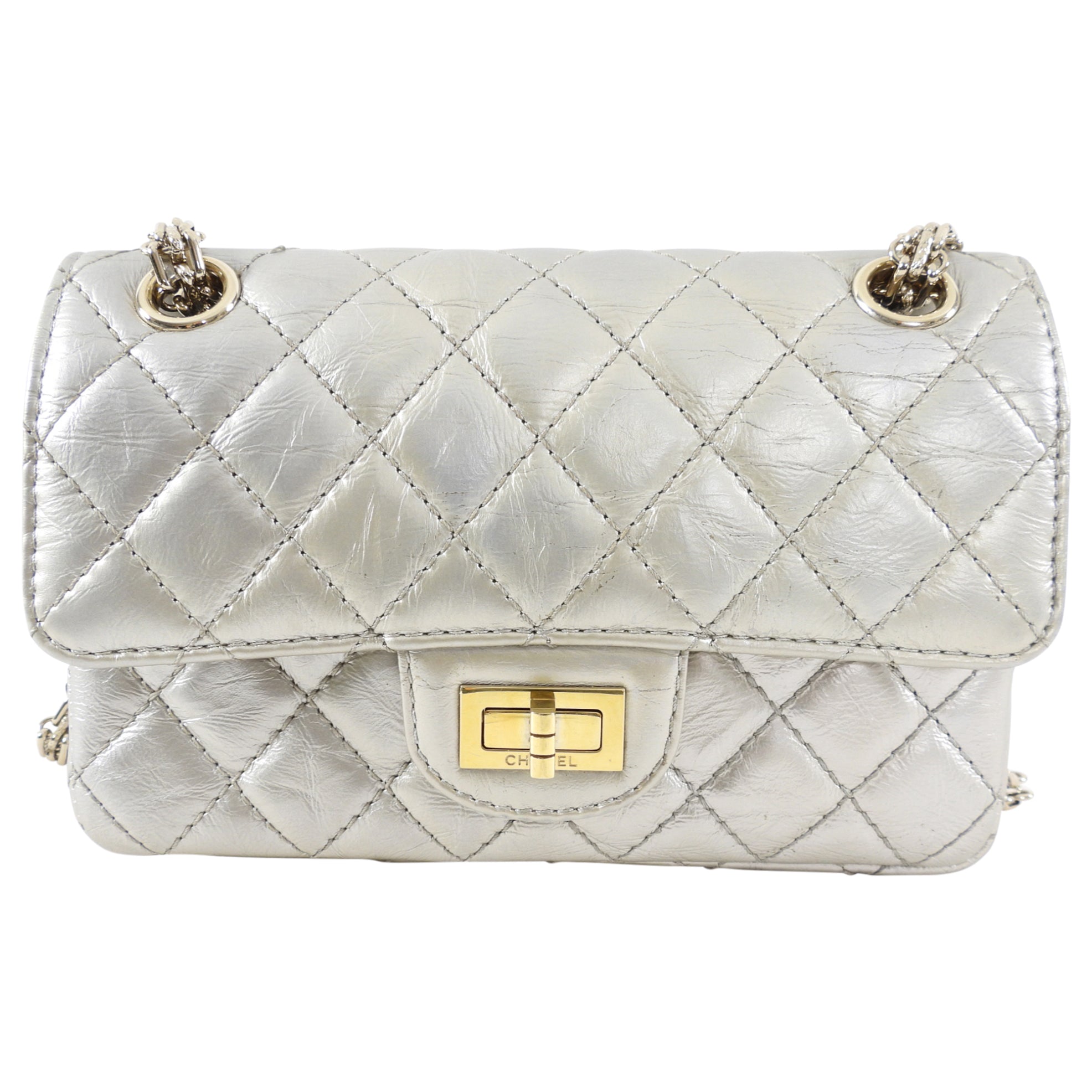 Chanel Silver Aged Leather Mini 2.55 Reissue Flap Bag - Vintage Luxury Handbag for Women, Perfect for Evening Parties & Special Occasions
