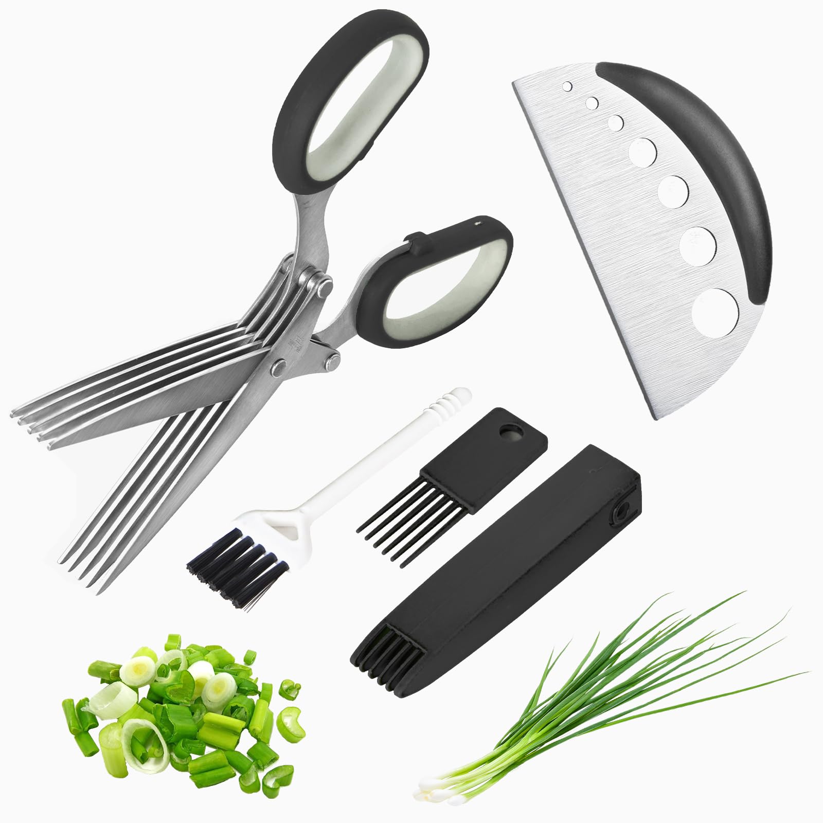 5-Blade Herb Scissors with Cover & Cleaning Brushes - Premium Kitchen Shears for Chopping Herbs, Salad Greens, Vegetables - Perfect for Meal Prep, Garnishing & Fresh Herb Cutting - Black