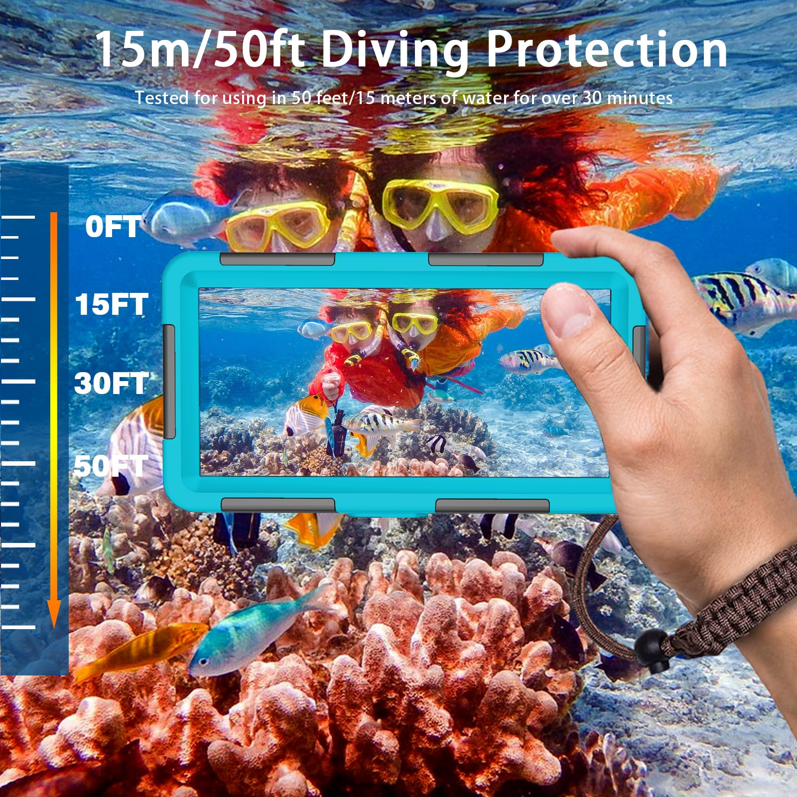 **Universal Waterproof Phone Case for Snorkeling & Diving (50ft/15m) – Compatible with iPhone 16/15/14/13/12/11 Pro Max & Galaxy S24/S23/S22/S21 Ultra – Underwater Protection for Swimming, Beach & Outdoor Adventures – Blue**
