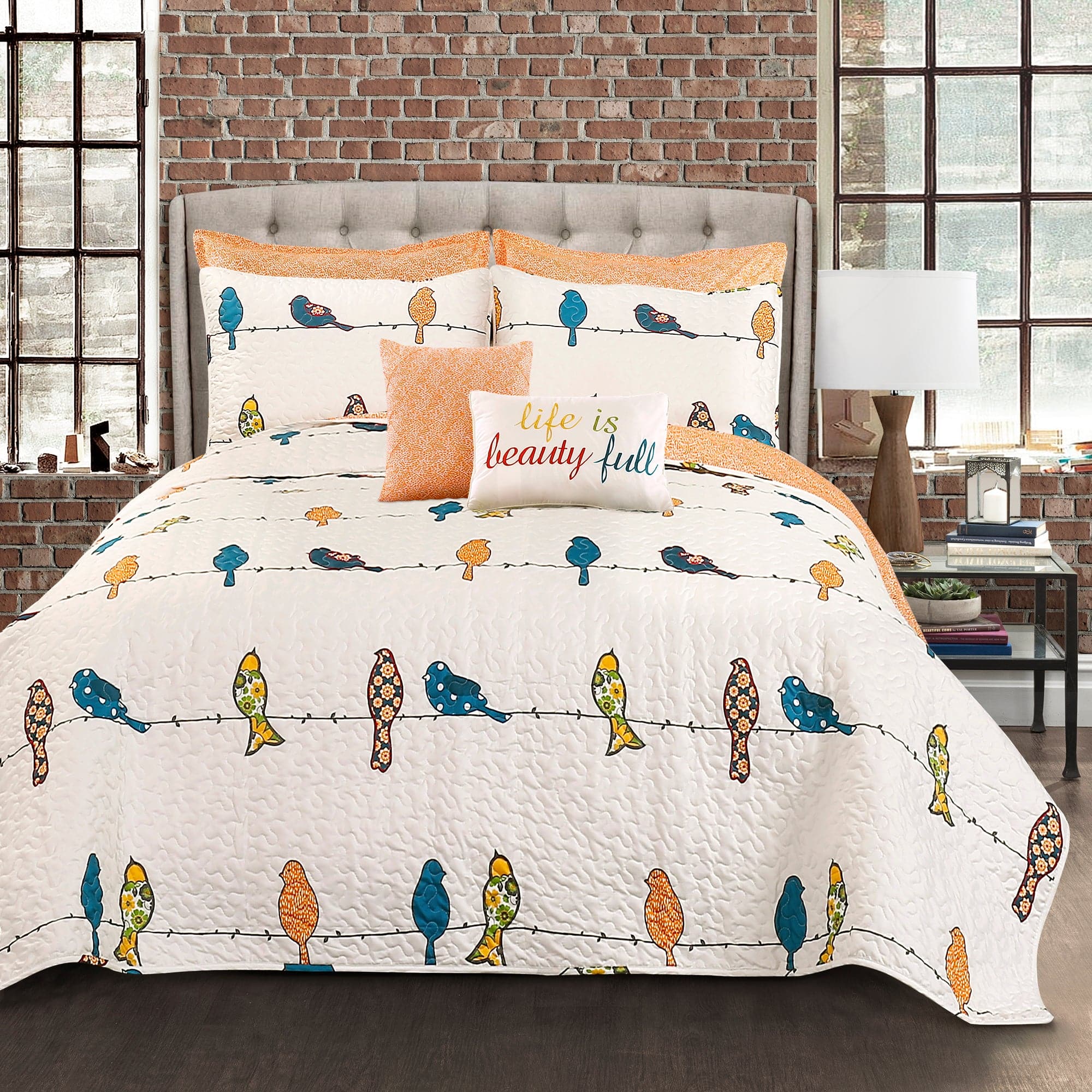 Rowley Birds Quilt 7-Piece Bedding Set - Soft Floral Printed Comforter with Matching Pillow Shams - Perfect for Guest Rooms, Master Bedrooms & Cozy Home Decor