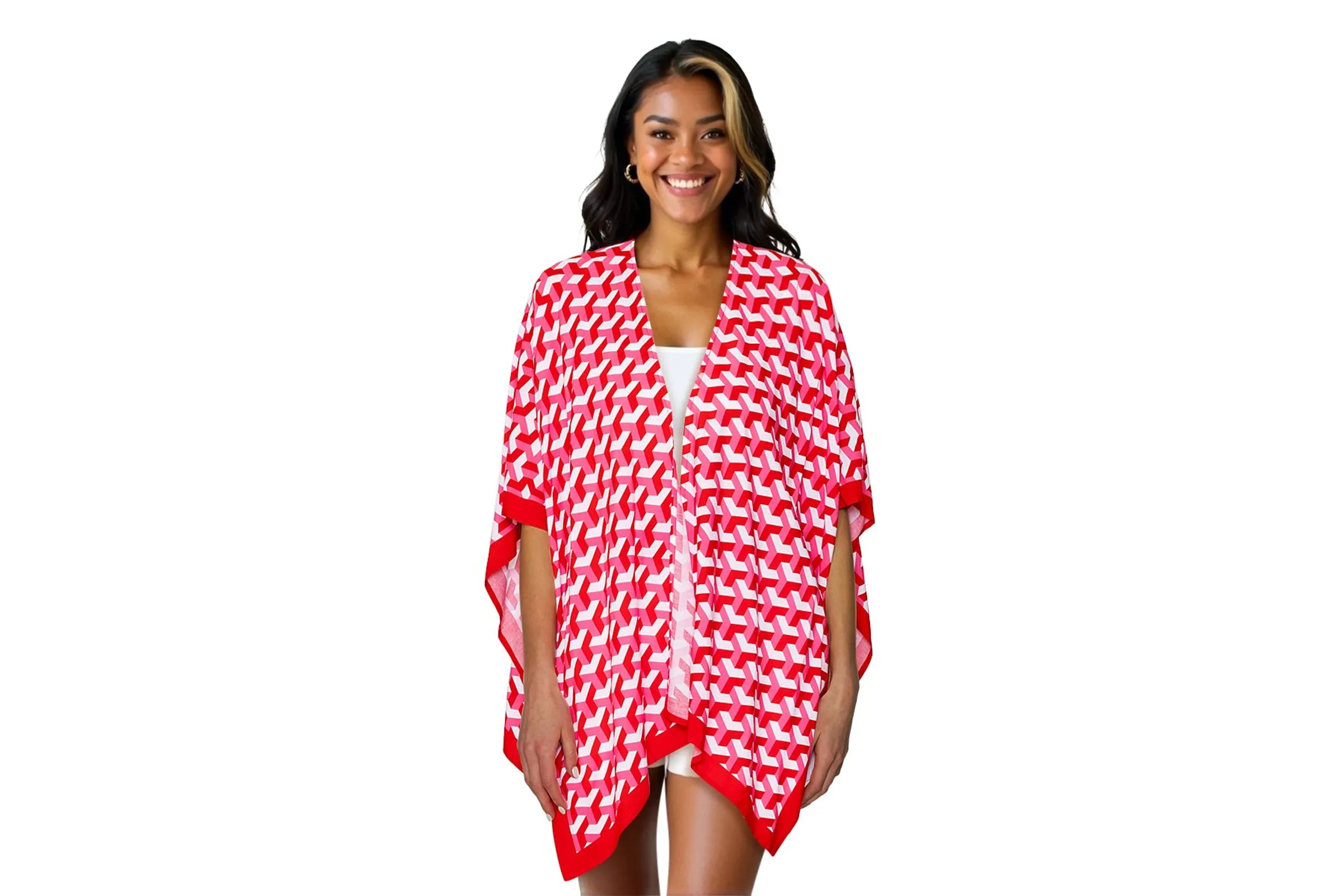Stylish Red Geometric Print Ruana Poncho - Lightweight & Versatile Wrap for Women | Perfect for Fall, Winter, Beach Cover-Up & Boho Fashion