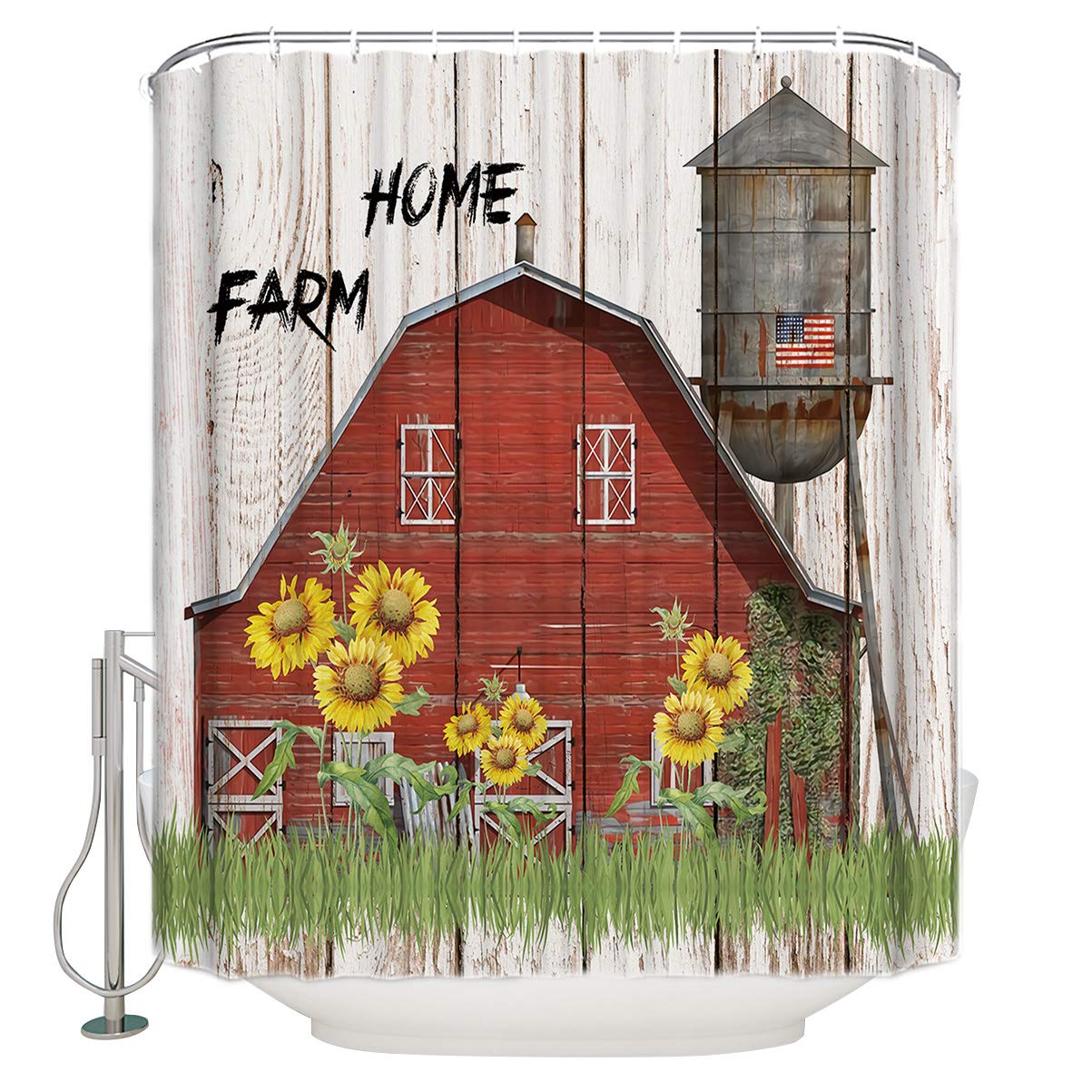 Futuregrace Farmhouse Sunflower & American Flag Fabric Shower Curtain Set - Waterproof Washable Bathroom Decor with Hooks (72x96 Inch) for Rustic Farmhouse, Country Style or Patriotic Bathroom Themes