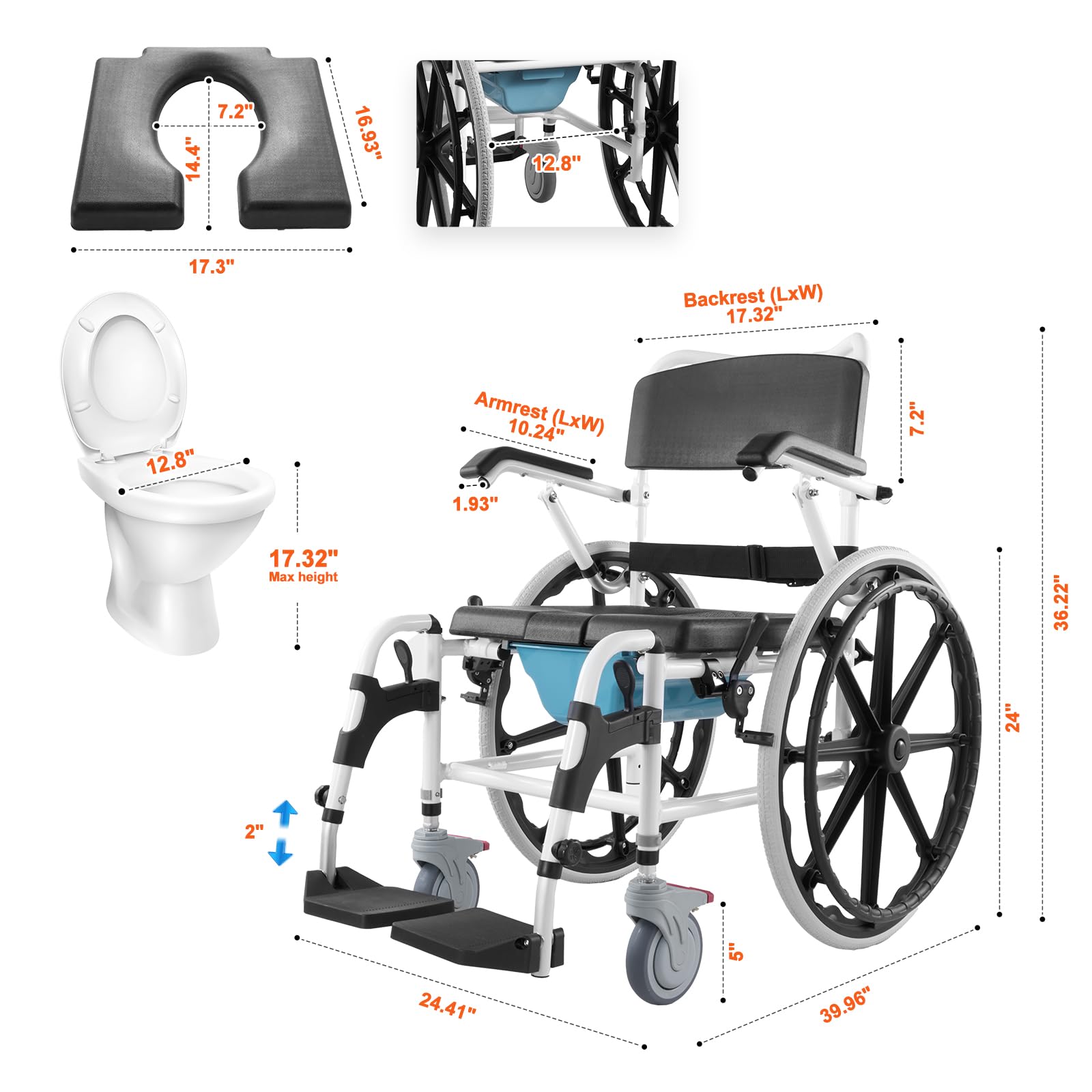 VEVOR Adjustable Aluminum Alloy Shower Wheelchair - 17.5