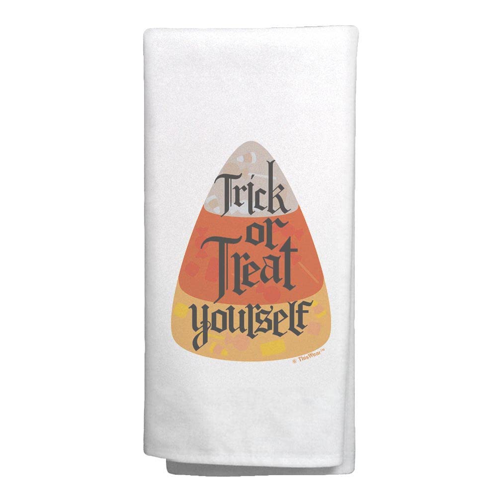 Halloween Kitchen Tea Towel - Trick or Treat Candy Corn Themed Cotton Dish Towel for Halloween Decorations, Gifts & Party Supplies - Perfect for Kitchen Decor, Hostess Gifts and Halloween Party Favors