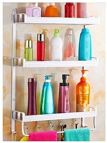 Polished Aluminum Wall Mounted Double Layer Towel Rack with Hooks - 40CM Bathroom Shelf for Towels & Robes - Durable & Space-Saving (Silver) - Perfect for Bathroom, Kitchen, Laundry Room Organization