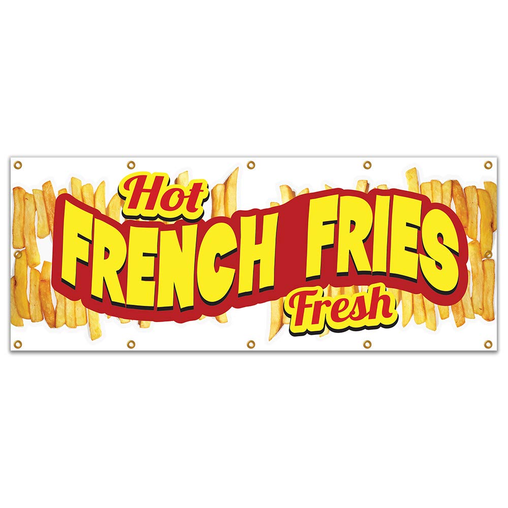 Hot Fresh French Fries 120-Inch Banner for Concession Stands & Food Trucks - Single Sided Vinyl Sign for Outdoor Events & Fast Food Businesses