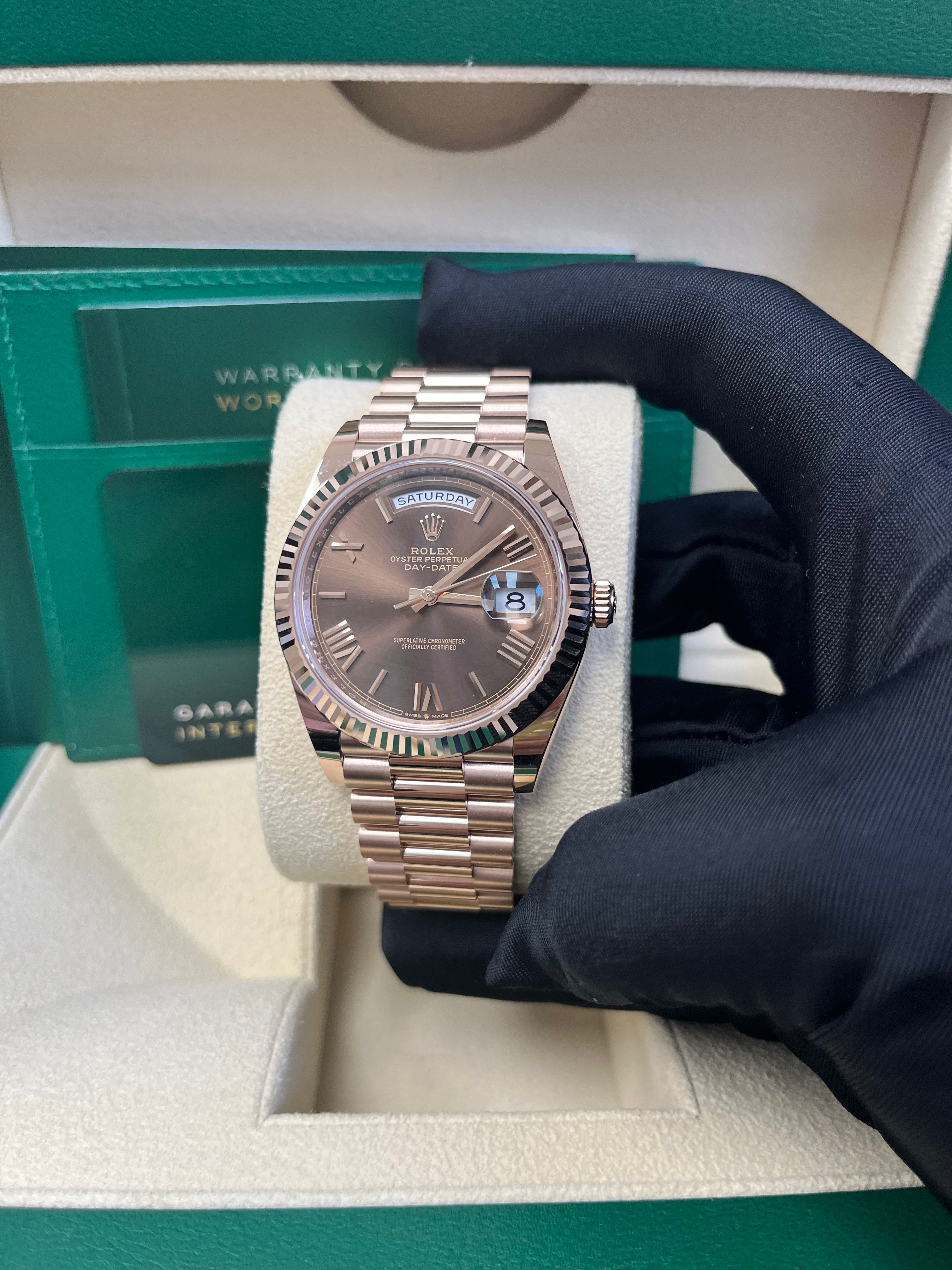 Rolex Day Date 40 Rose Gold Watch with Chocolate Roman Dial & Fluted Bezel (Ref# 228235) - Luxury Dress Watch for Business & Formal Occasions