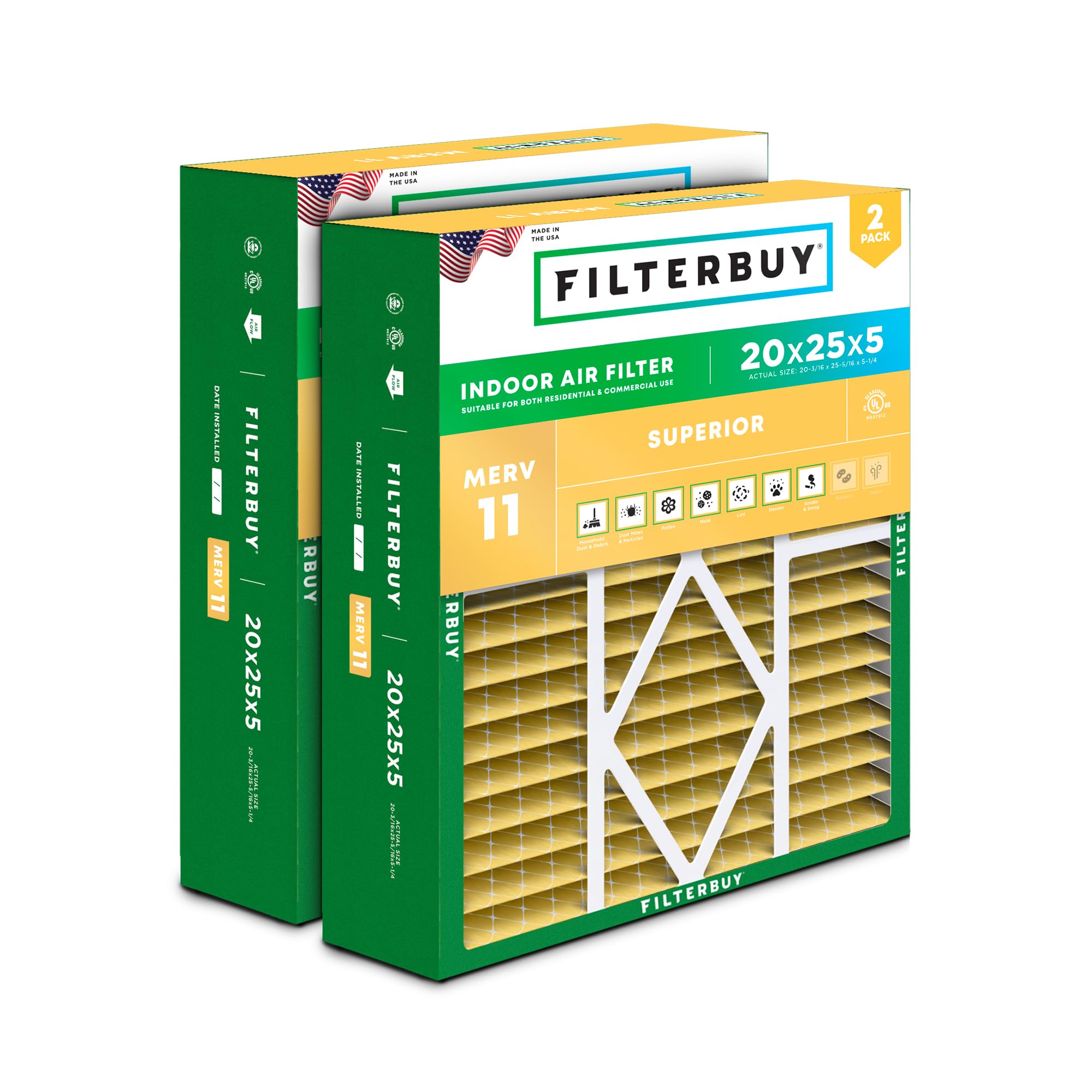 Filterbuy 20x25x5 MERV 11 Air Filter (2-Pack) - Allergen Defense HVAC Furnace AC Filters for Amana, Coleman, Goodman, Maytag, York - Actual Size 20.19