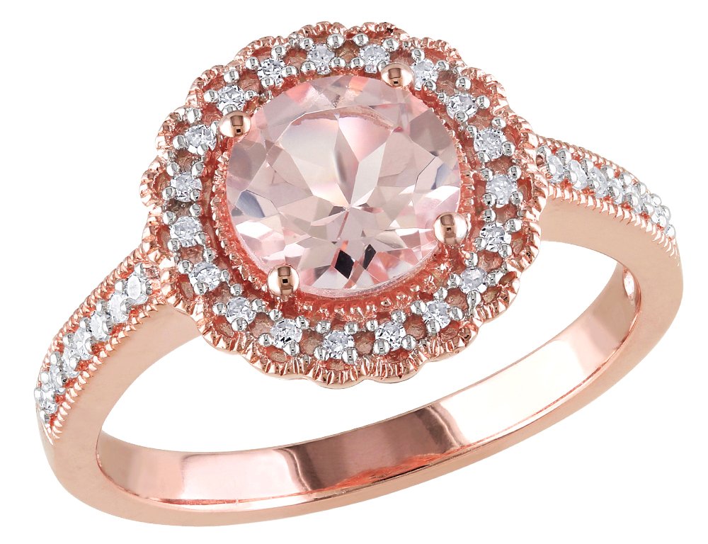 1.16 Carat Morganite & Diamond Halo Ring in Rose Gold Sterling Silver - Elegant Engagement, Wedding, Anniversary Gift for Her