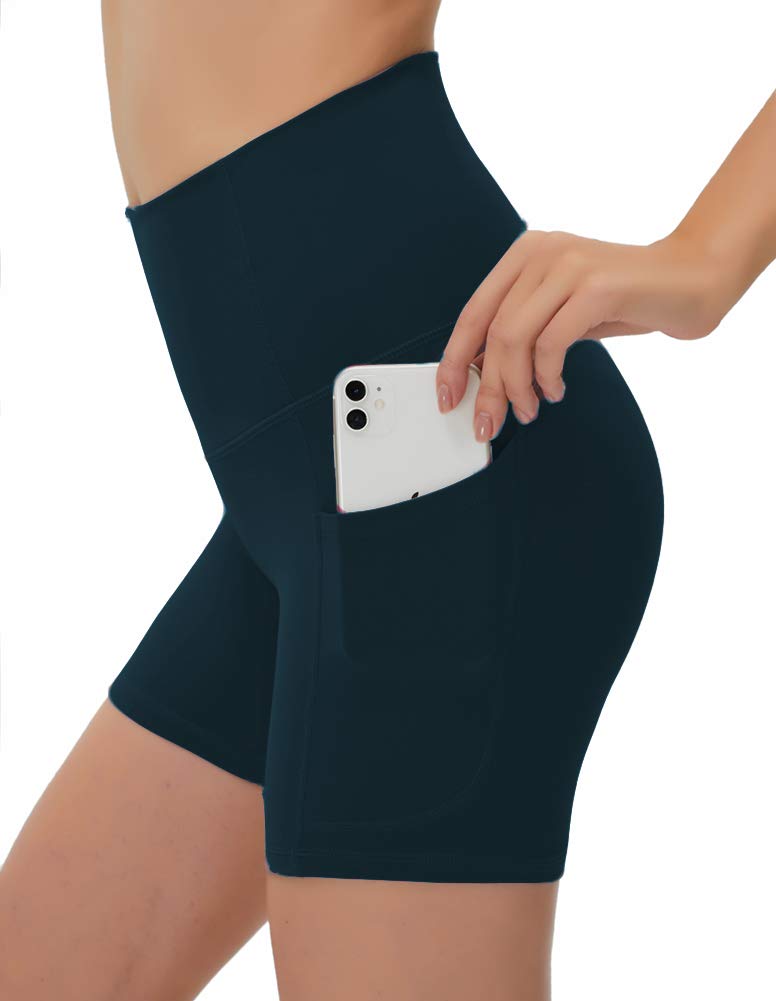 YAKER High Waist Yoga Shorts for Women - 2 Side Pockets & Waistband Pocket - Tummy Control Workout Shorts - Perfect for Running, Home Exercise & Yoga Practice