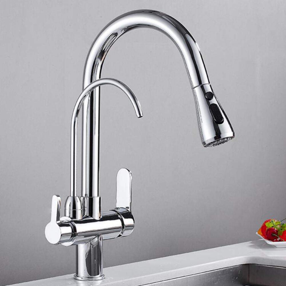 Premium 3-Way Water Filter Kitchen Faucet - Brass Chrome-Plated Pull-Out Sprayer with 360° Rotation | Hot & Cold Water Purification System | Ideal for Modern Kitchens, RV Camping & Outdoor Cooking
