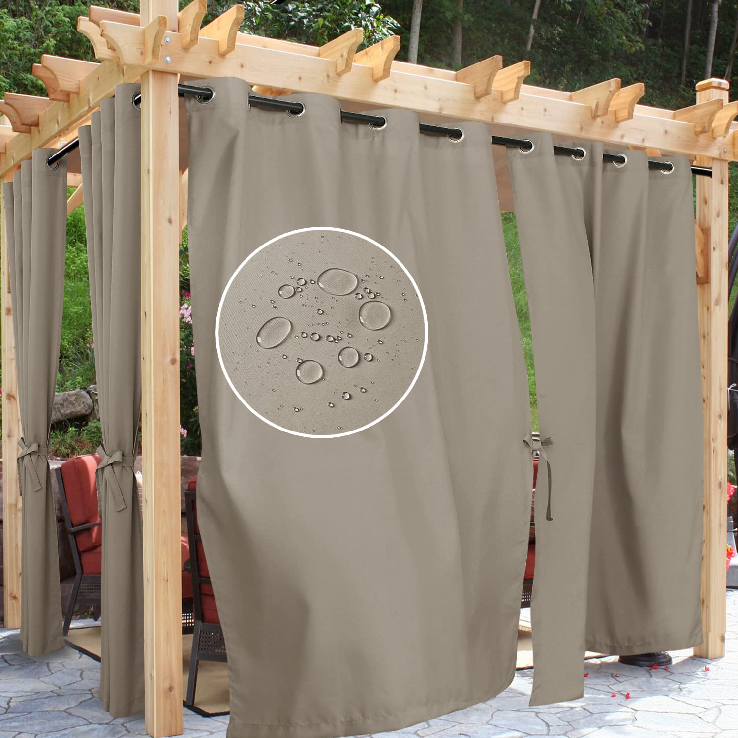 Taupe Outdoor Waterproof Curtains 10x10 ft - Privacy Patio Curtains for Gazebo, Porch, Deck & Indoor Use - UV Resistant, Weatherproof with Grommets & Tiebacks (Perfect for Backyard, Poolside & Outdoor Living Spaces)