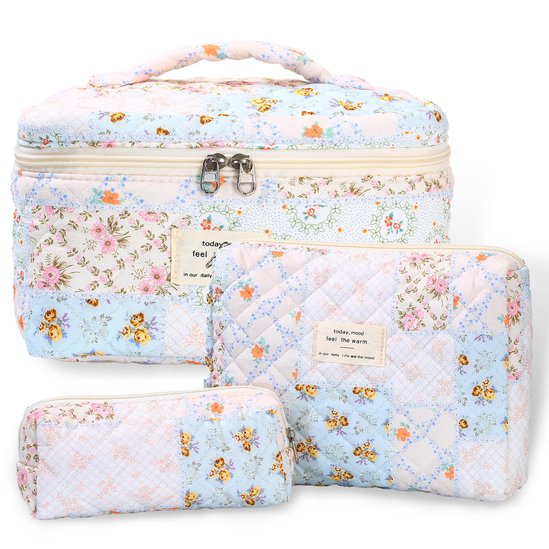 3Pcs Floral Makeup Bag Set - Large Quilted Cotton Cosmetic Organizer for Women | Travel & Daily Use
